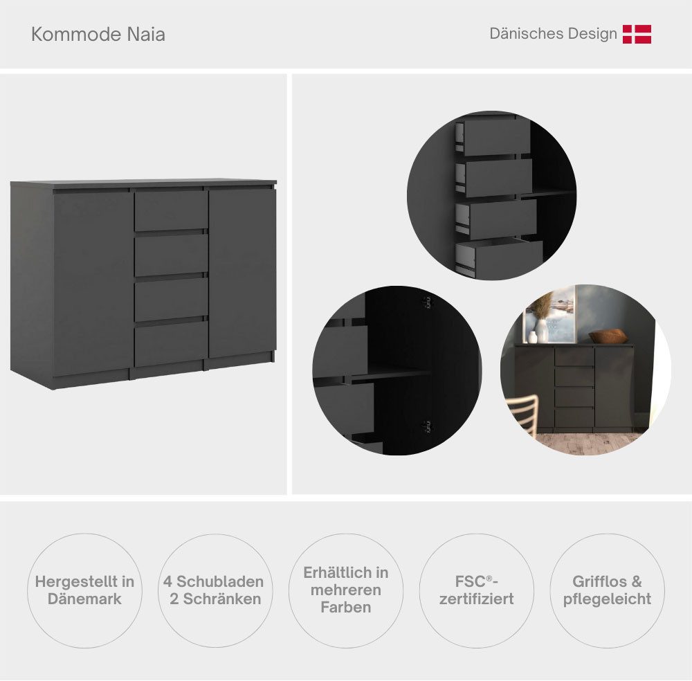 Home affaire Kommode Naia, Sideboard, 4 Schubladen, 2 Türen, Aufbewahrung, grifflose Front, Mit Einlegeböden, modern, skandinavisches Design, in mehrere Farben