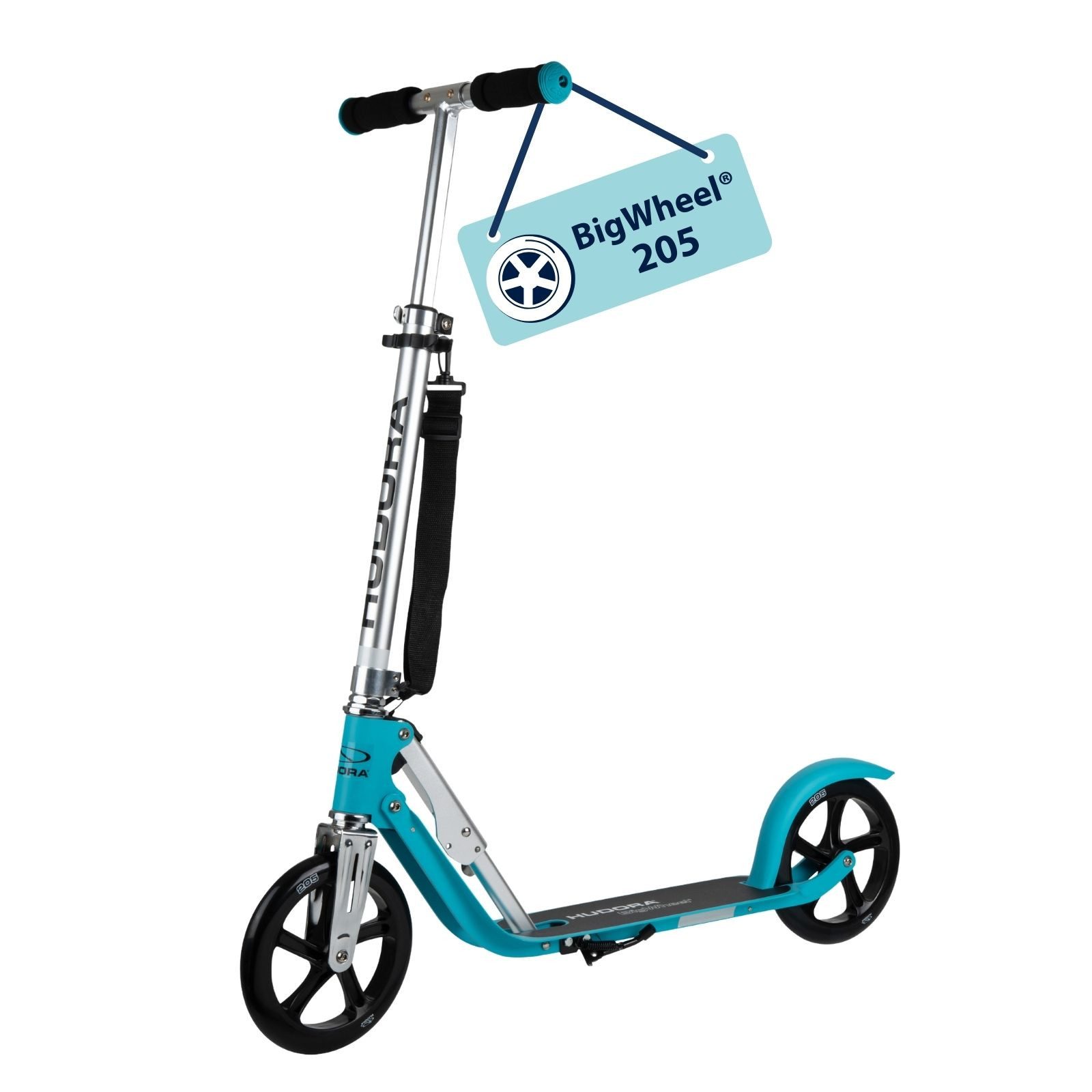 Hudora Cityroller BigWheel® 205 Tretroller - Höhenverstellbar & zusammenklappbar, (Kinder- & Erwachsenenroller für bis zu 100kg - Tretroller mit Ständer, Stabiler Aluminium-Roller), einklappbarer, höhenverstellbarer Kick-Scooter