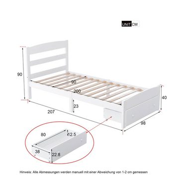 Flieks Massivholzbett Proper (1-tlg), Einzelbett Kinderbett Jugendbett mit Lattenrost und Schublade 90x200cm