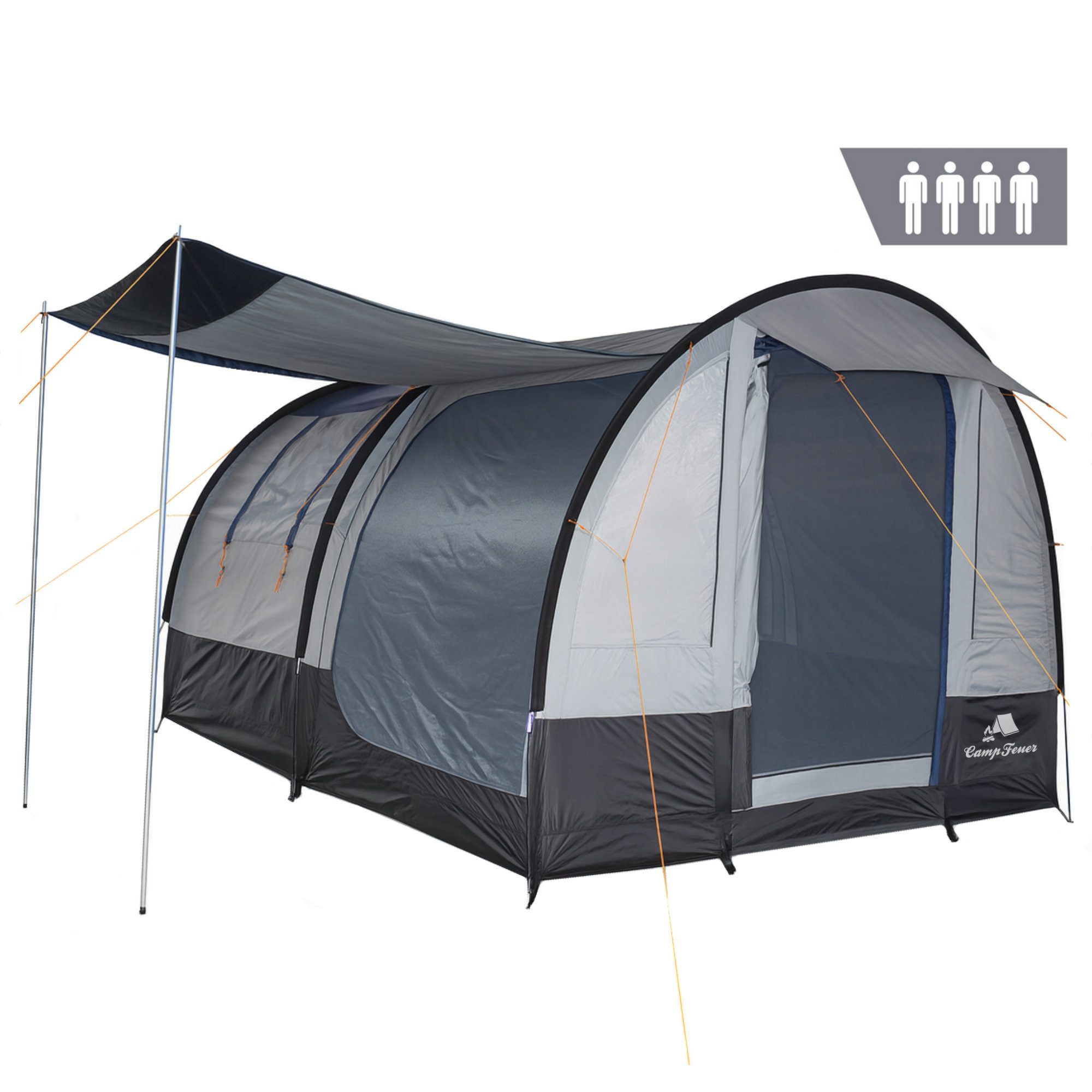 CampFeuer Tunnelzelt Zelt Smart für 4 Personen Blau/Grau, Tunnelzelt mit 3 Eingängen 2000 m, Personen: 4