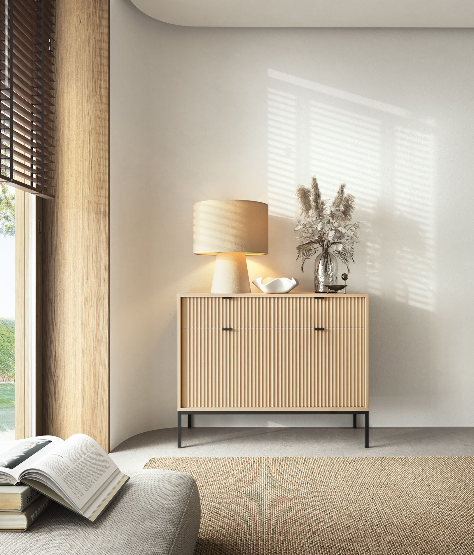 Selsey Sideboard VELLORE, 104 cm, 2 Türen & 2 Schubladen, geriffelte MDF-Fronten, Metallgestell
