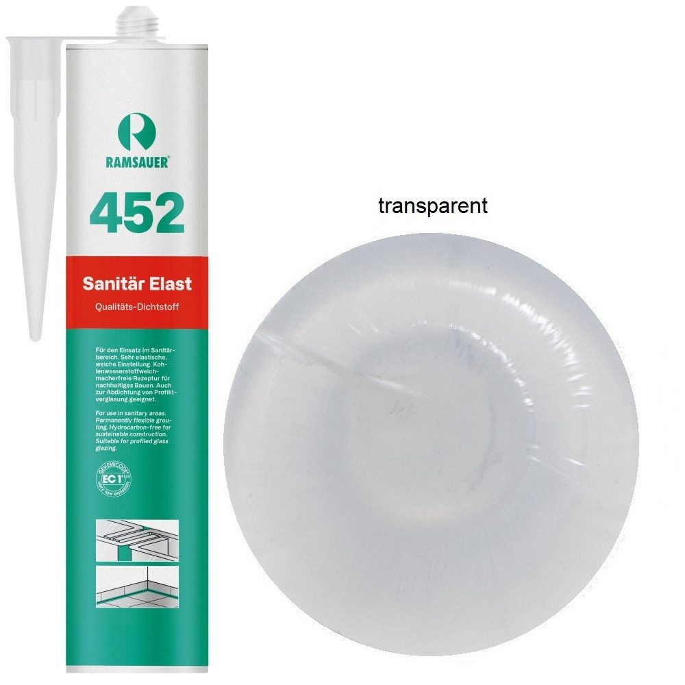 Ramsauer Dichtstoff Ramsauer 452 Sanitär Elast Silikon Dichtstoff 310ml Transparent, gebrauchsfertig, Gute Haftung auf glatten Oberflächen, Innen und Aussen