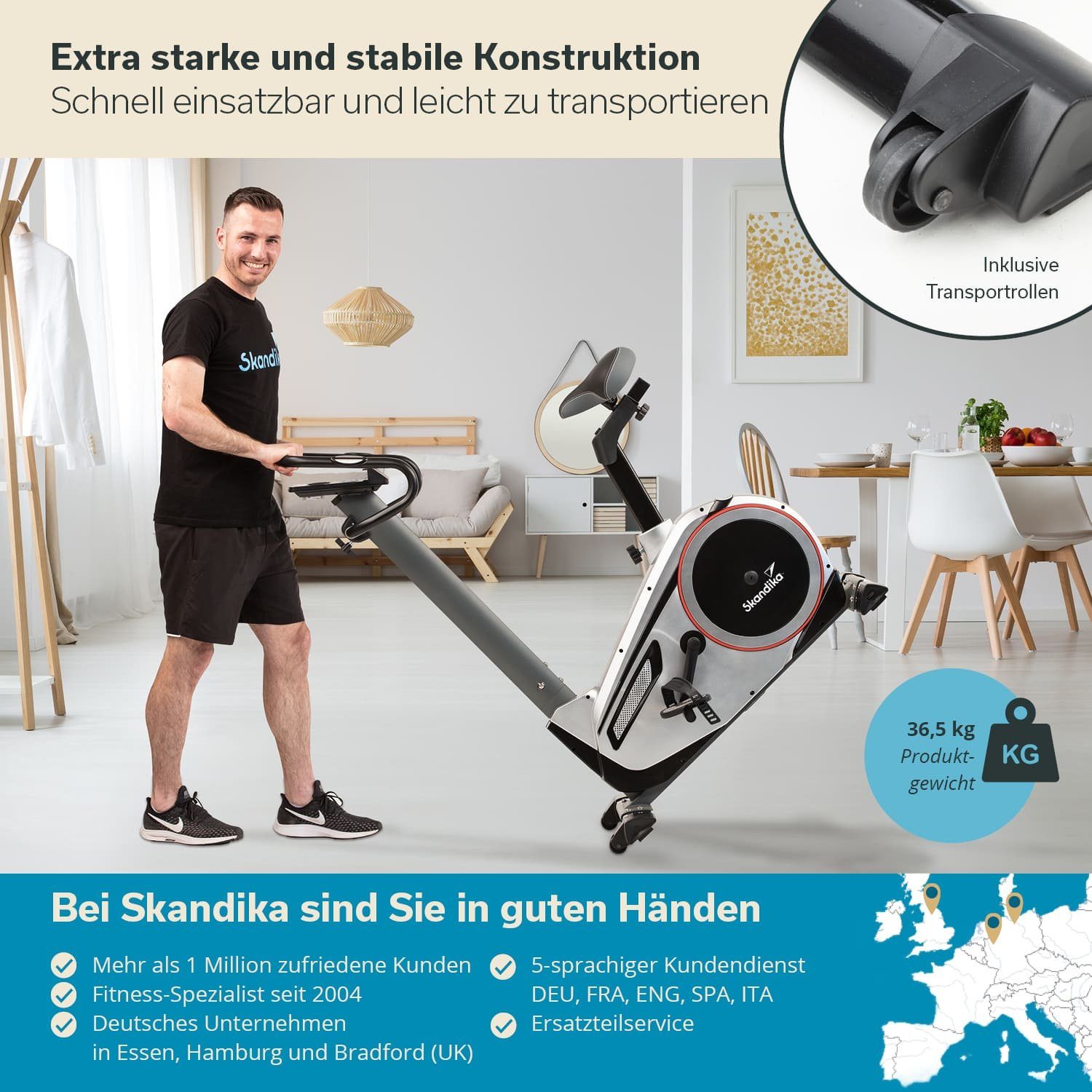 Skandika Ergometer für Zuhause, Fahrrad Morpheus, bis 150 kg, Bluetooth, inkl. Pulsgurt (Tablet-/Smartphone-Halterung, Transportrollen, mit Bodenschutzmatte), 12kg Schwungmasse, 32 Stufen, 24 Programme, kompatibel mit Kinomap/App