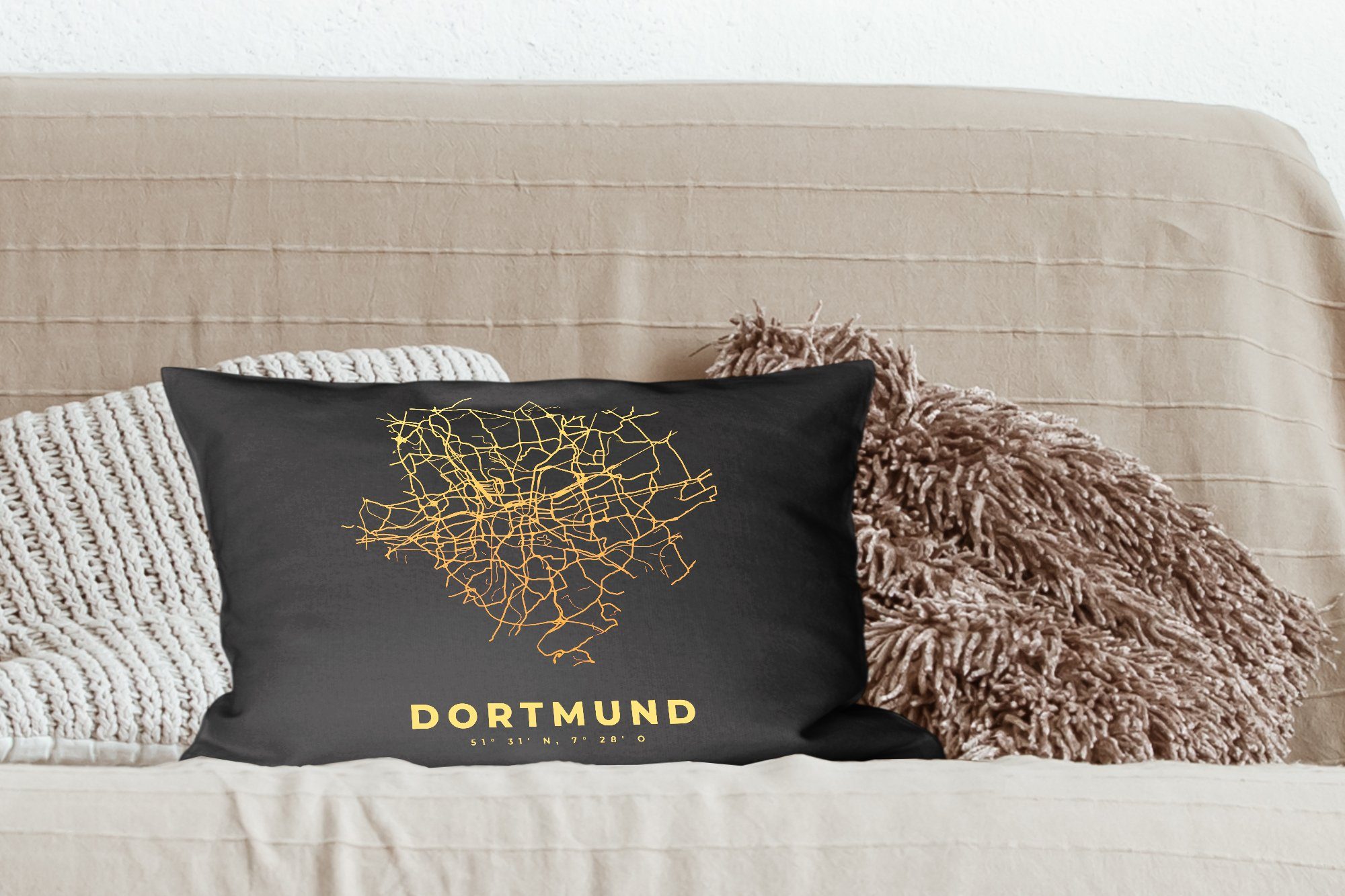 mit Schlafzimmer Dekokissen Dekoration, MuchoWow - - Zierkissen, - Karte Wohzimmer Gold Dortmund Dekokissen Stadtplan, Füllung,
