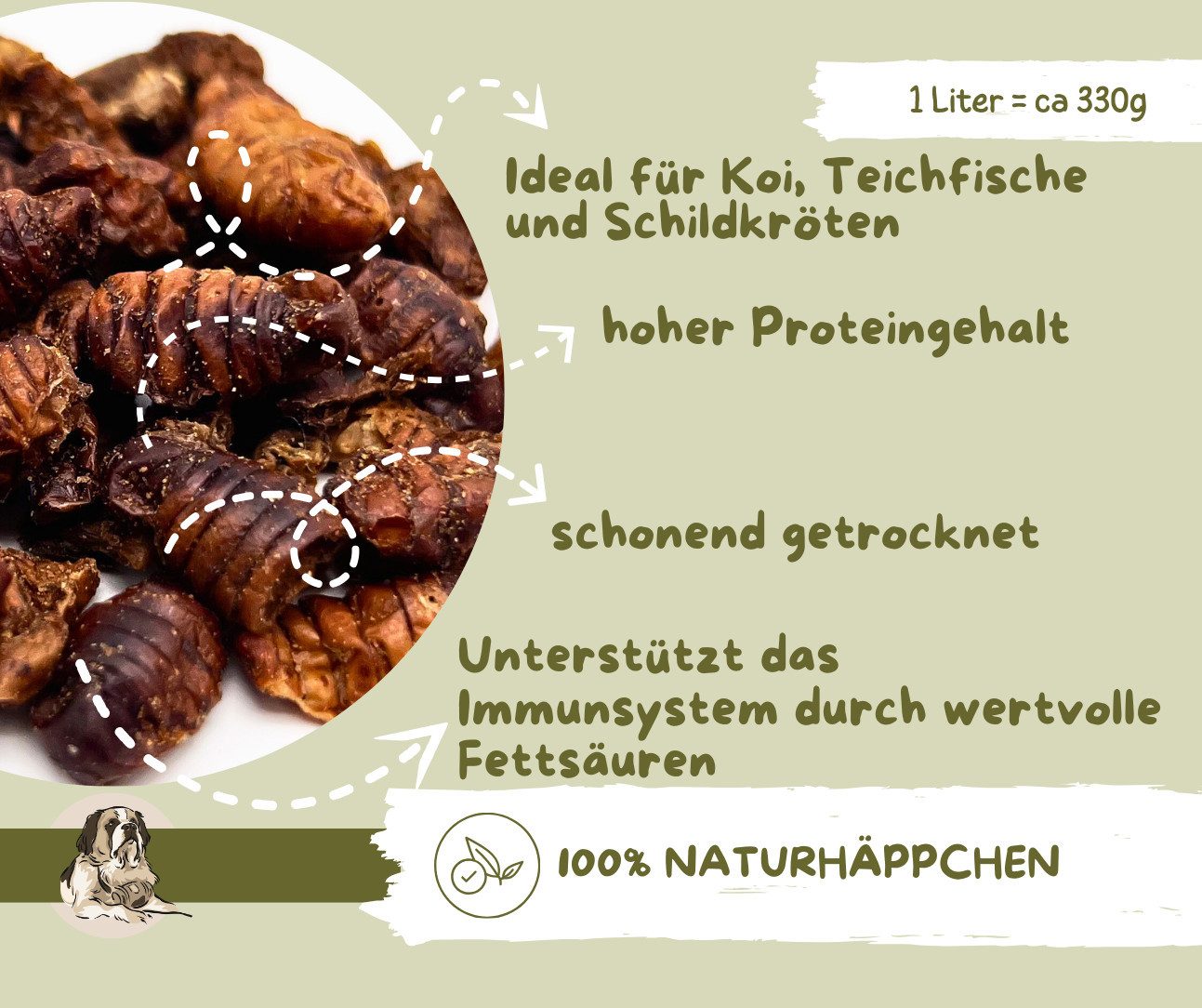 Warnick´s Tierfutterservice Seidenraupen getrocknet - Proteinreiche Nahrung für Koi & Teichfische, Ergänzungsfutter für: Fische, Schildkröten