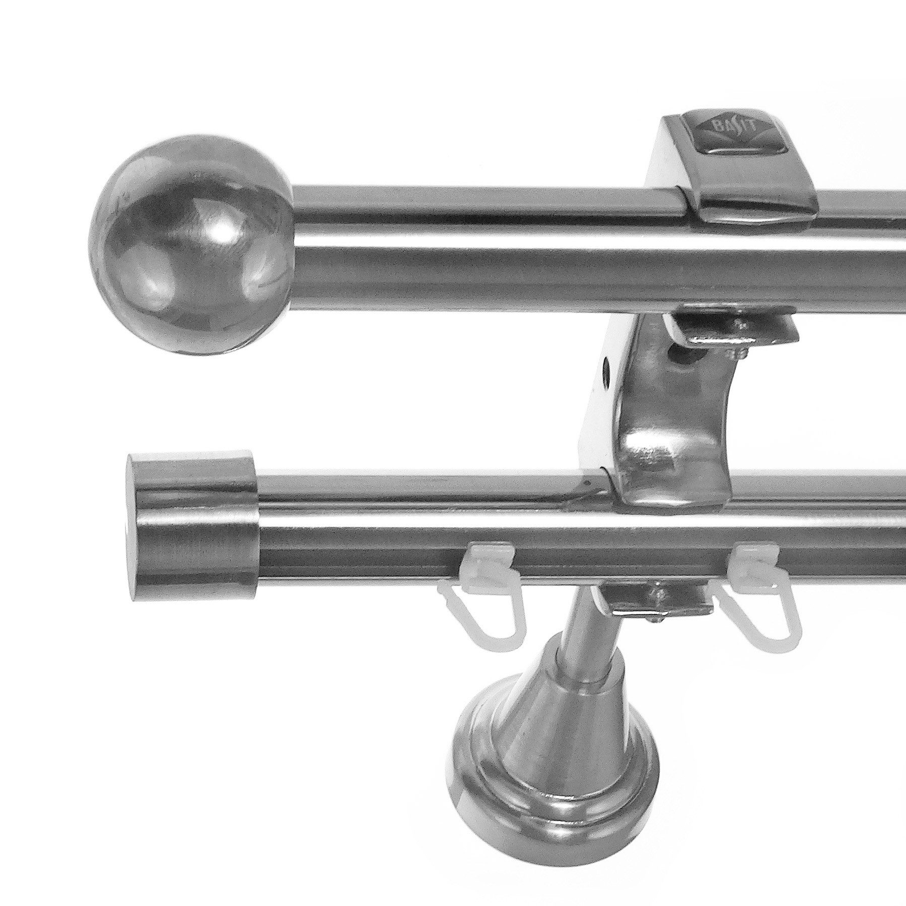 BASIT Gardinenstange Rohr und Innenlauf Edelstahloptik 20mm mit Wandträgern 280 cm E33, Ø 20 mm, 2-läufig, verschraubt, Metall, H60RI 280 cm E33 Kugel