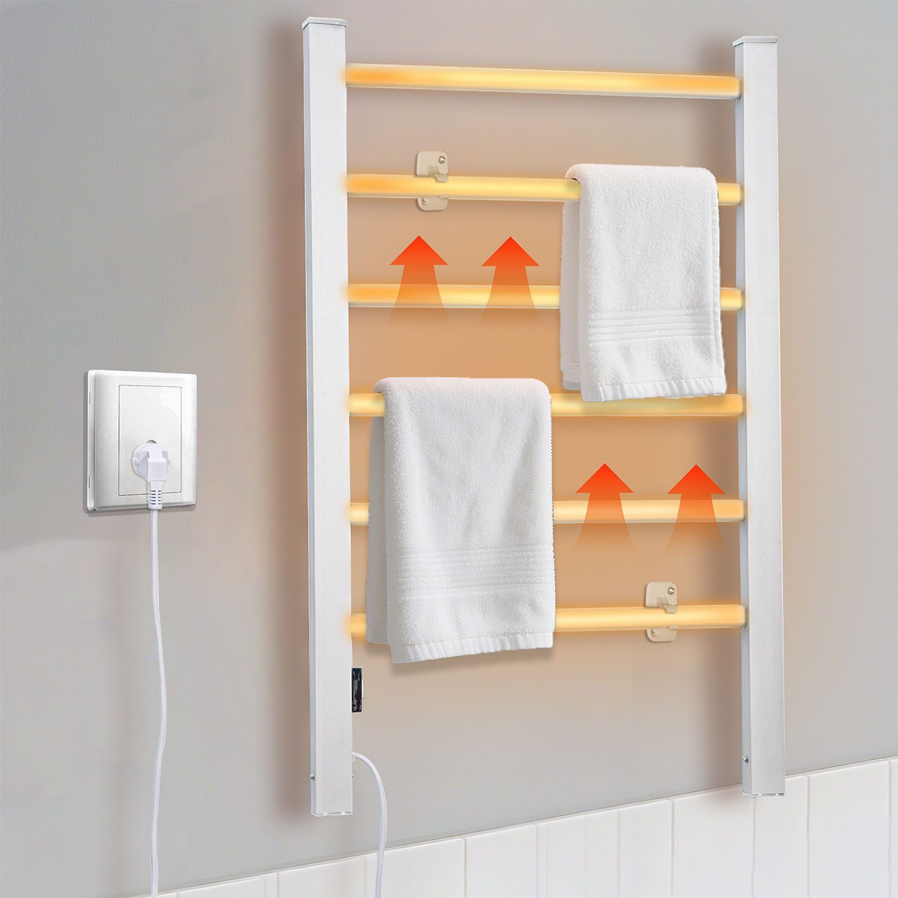 shop'n smile ideoon Heizkörper Elektrischer Handtuchtrockner freistehend 105W Handtuchwärmer IP44, 2-in-1 (Wand/Stand), 105W, IP44, Aluminium, 220–240V, platzsparend