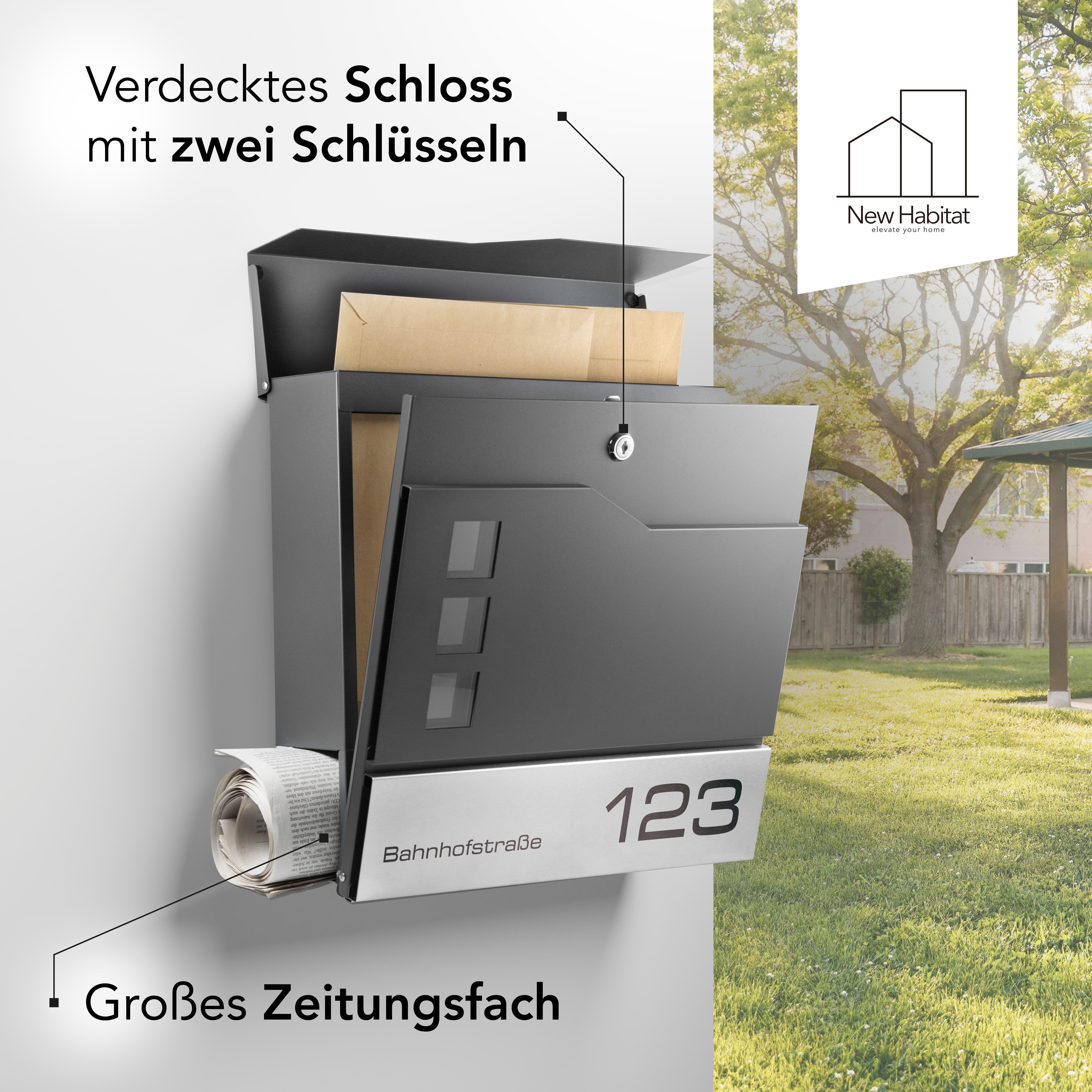 NewHabitat Briefkasten Moderner Wandbriefkasten Personalisierbar Anthrazit RAL7016 (Komplettset, Modell: Oslo), Rostfrei