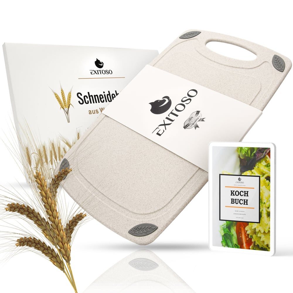 Exitoso Schneidebrett spülmaschinenfest mit Saftrille, aus PP-Material & Weizenstroh, Kunststoff, (1-St), Brotzeitbrett Frühstücksbrettchen Brot Obst Steak rutschfest