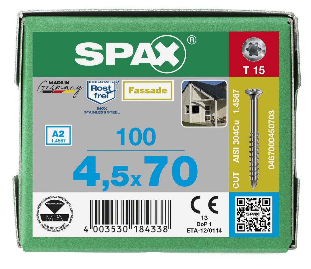 SPAX Spanplattenschraube Fassadenschraube, (Edelstahl St), 4,5x70 mm A2, 100