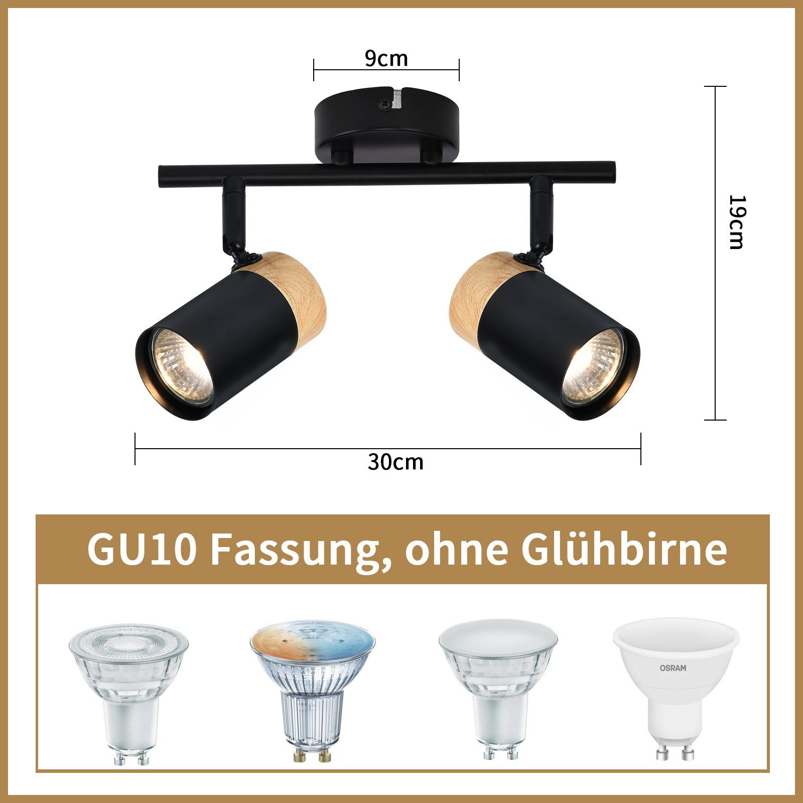 Nettlife Deckenstrahler 2/3/4 Flammig Holz GU10 Deckenlampe Schwarz, Schwenkbar 330°, LED wechselbar, Flur Garage Wohnzimmer Schlafzimmer Küche