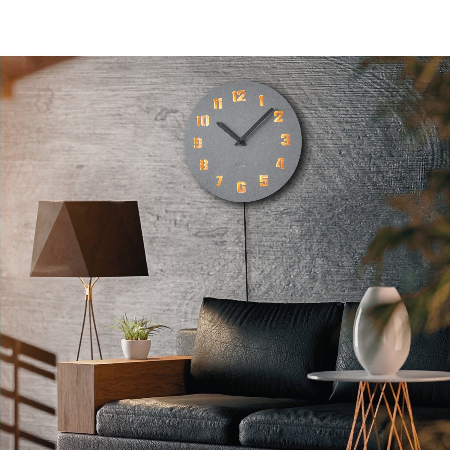 ZENLED Wanduhr GROTTO RUND Ø40cm Holz - luxus Wand Deko mit 3D-Lichteffekt KUPFER (ausgeleuchtet mit steuerbaren warm-weissen LEDs über Fernbedienung) Grau mit Arabischen Ziffern in Kupfer