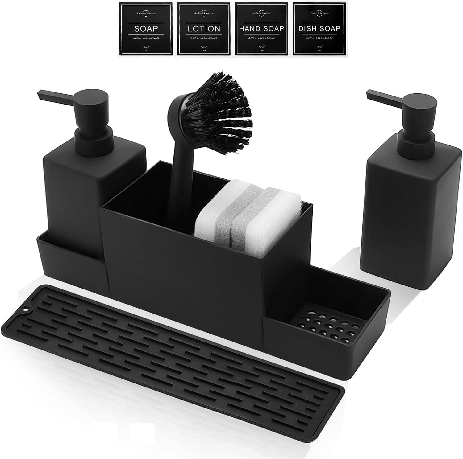 Lumkudos Küchenorganizer-Set 350ML Spülbecken Organizer mit Bürste, Seifenspender Spülschwamm, (4-tlg., Flaschen*2, Schwämme*2, Tablett*1, Pinsel*1, Aufkleber, Matte*1), Spülorganizer mit Zwei Seifenspender, Küchengadget Organizer