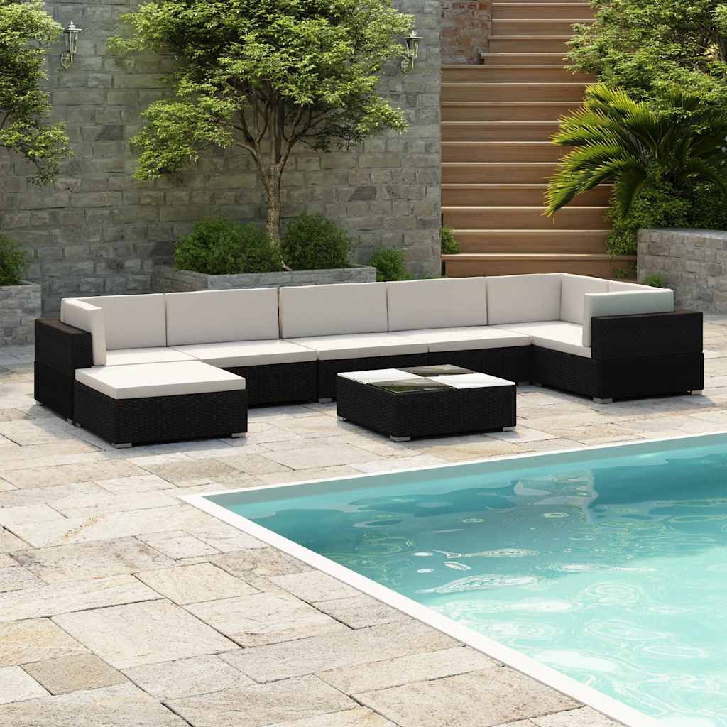 vidaXL Gartenlounge-Set 8-tlg. Garten-Lounge-Set mit Auflagen Poly Rattan Schwarz, (8-tlg)