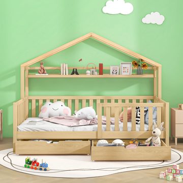 Flieks Kinderbett, Hausbett Einzelbett Kiefer 90x200cm mit Ablageregal und 2 Schubladen