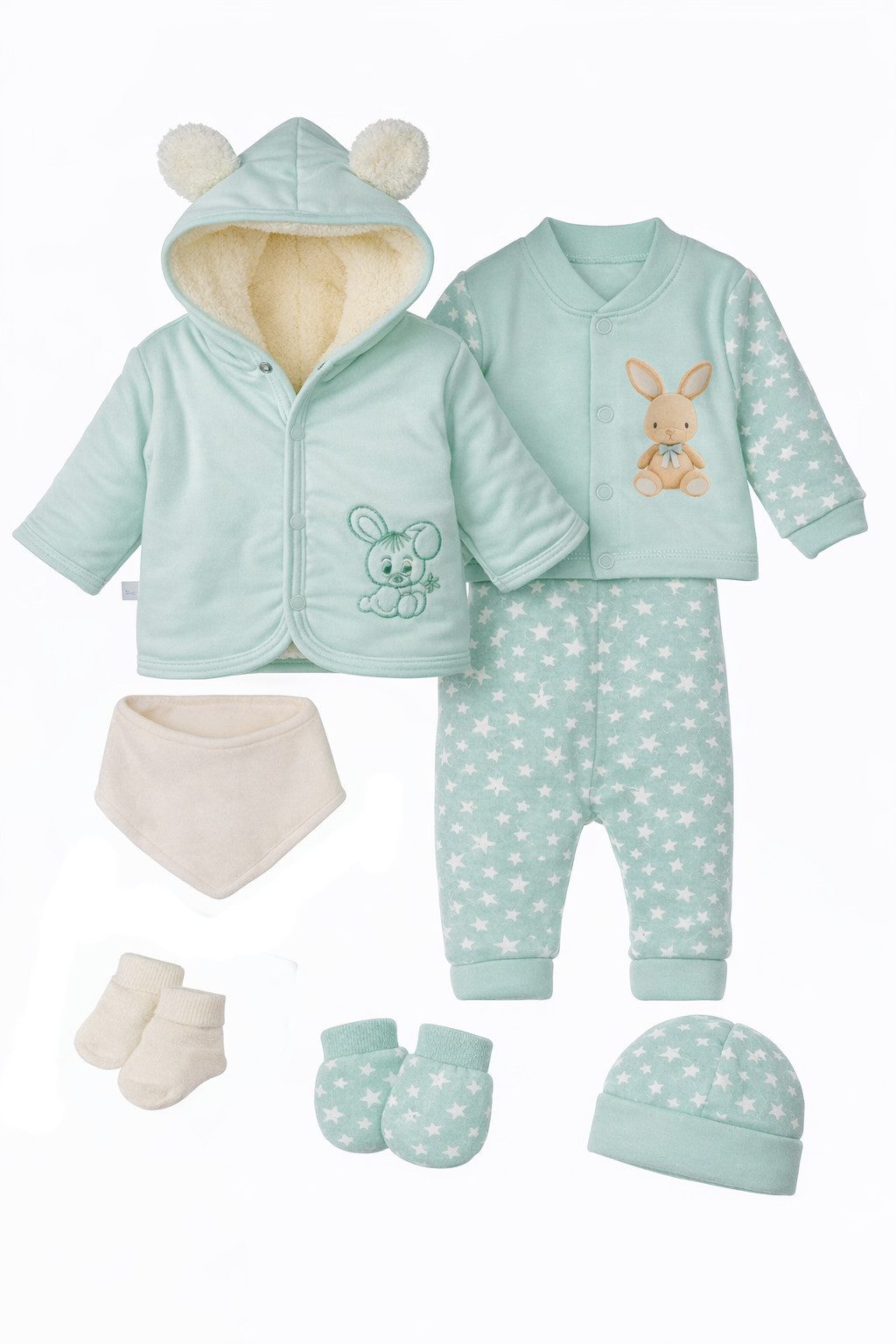 La Bortini Erstausstattungspaket Baby Anzug Jacke Hose Hemdchen Mütze Socken Fäustlinge Lätzchen (Anzug 7-tlg in mingrün, Set für Mädchen und Jungen, unisex, neutral) Übergangsset für Neugeborene, 44 50 56 62 68 74