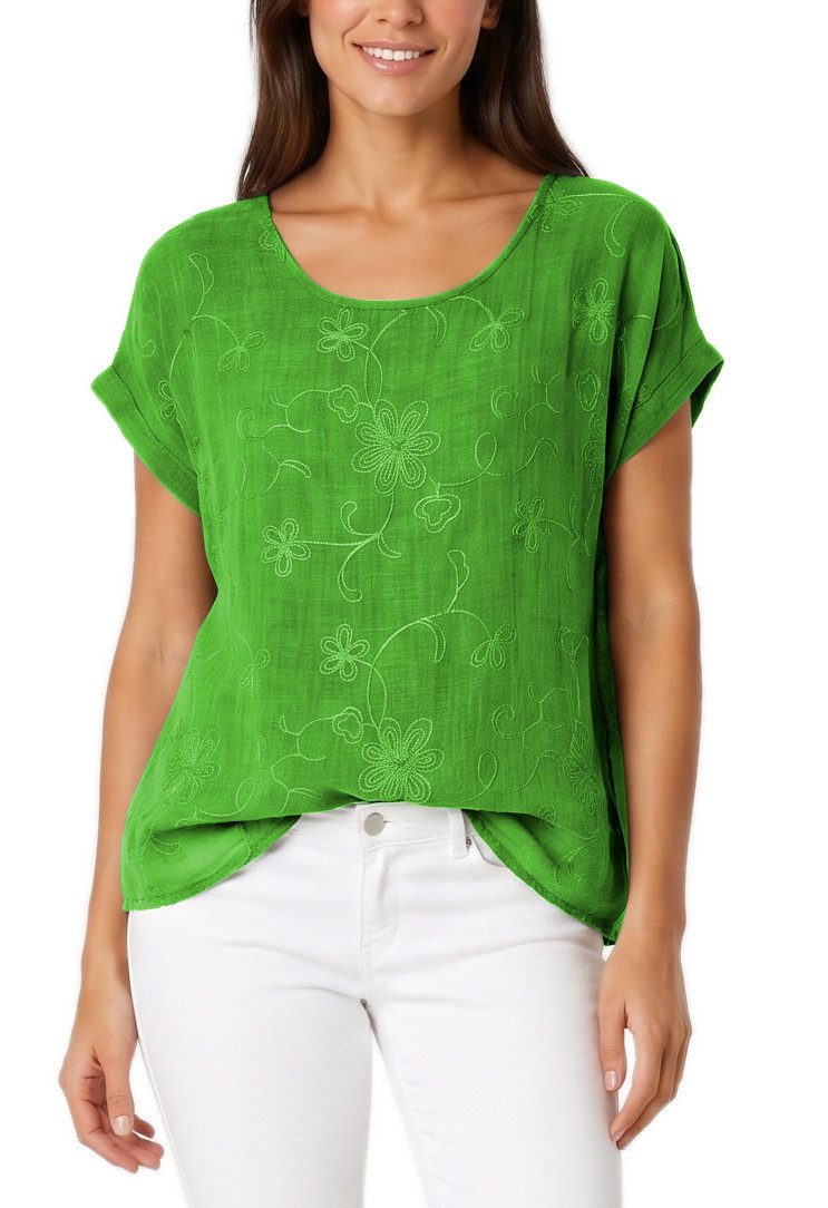 dy_mode Kurzarmbluse Kurzarm Bluse Elegantes Baumwollshirt Damen einfarbig Blusenshirt in Unifarben, Rundhalsausschnitt, mit Blumenstickerei