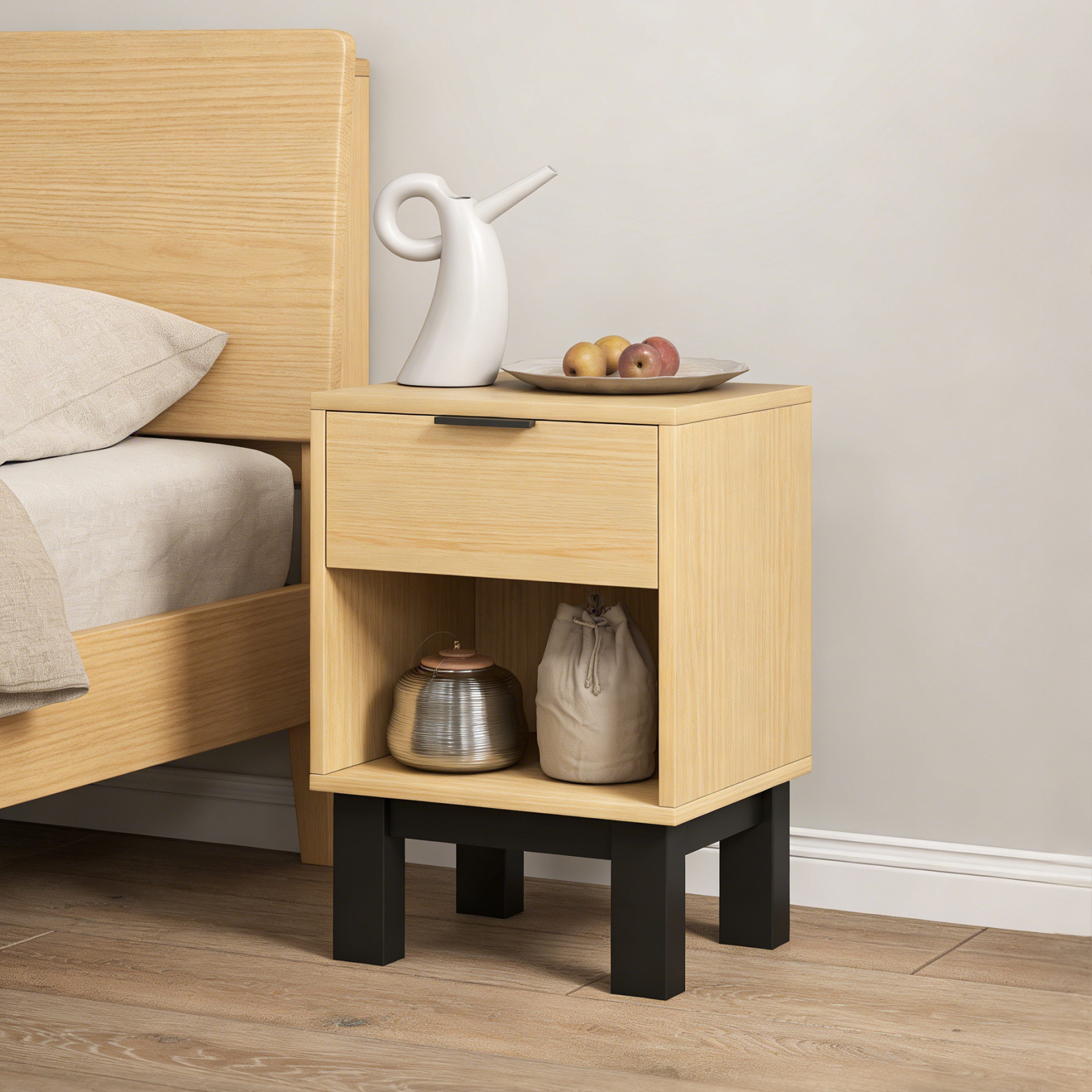 Wildhome Nachttisch mit Schublade & offenem Ablagefach, Eiche-Optik, 35x26x50 cm (1-St), Nordischer Nachtschrank, Beistelltisch und Aufbewahrungsmöbel