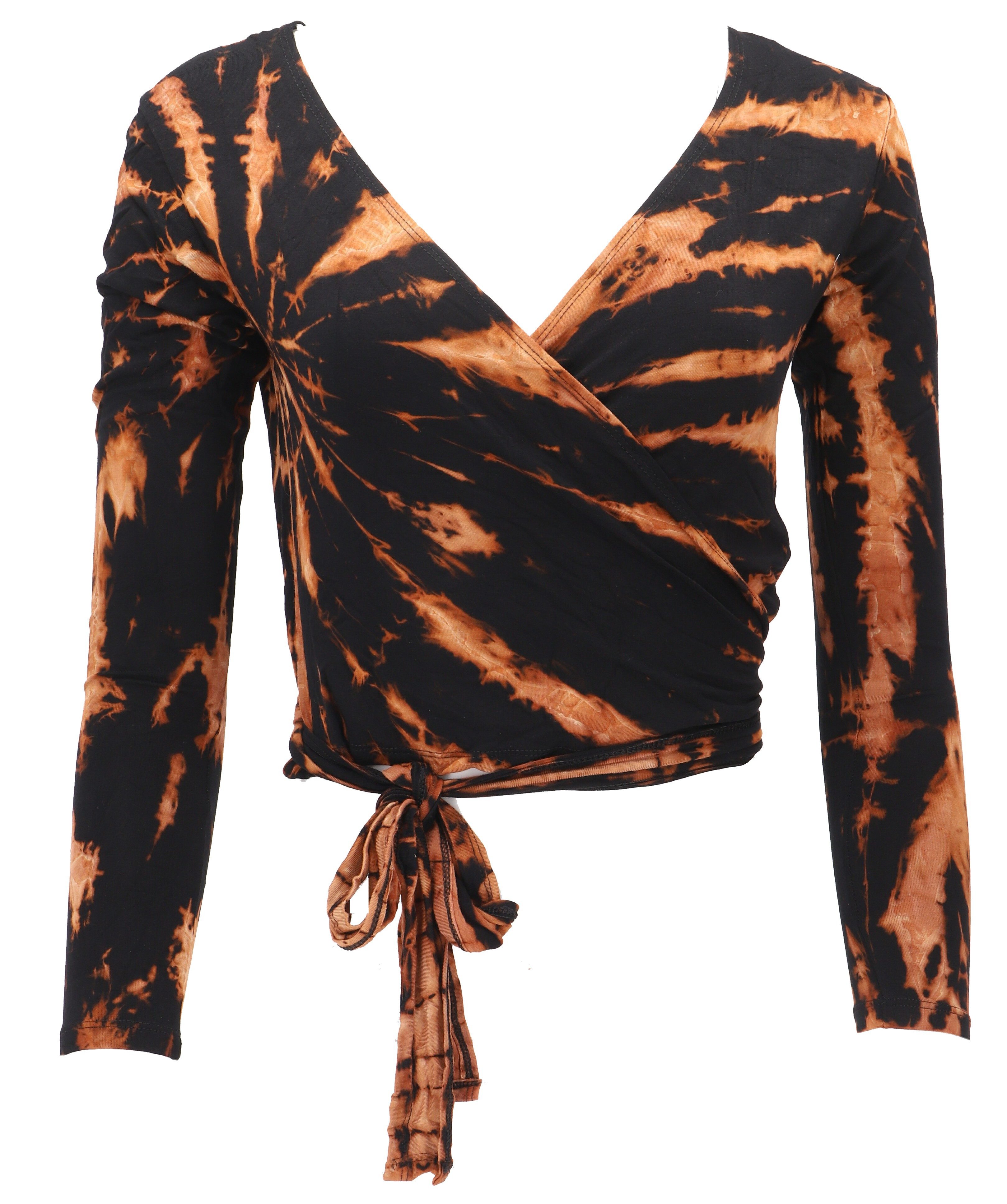 Guru-Shop Longsleeve Batik Wickeltop, Yogatop, Langarmshirt - schwarz alternative Bekleidung