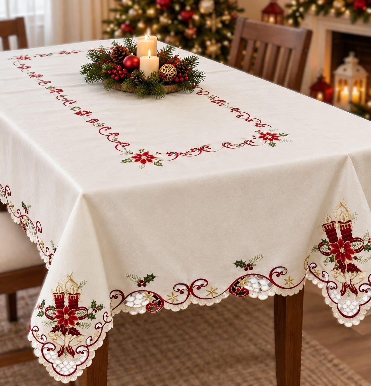 Toker Collection® Tischdecke Weihnachtstischdecke mit festlichen Stickereien (Packung, 1 Stück), mit Kerzen und Glocken – Bild 3 von 3