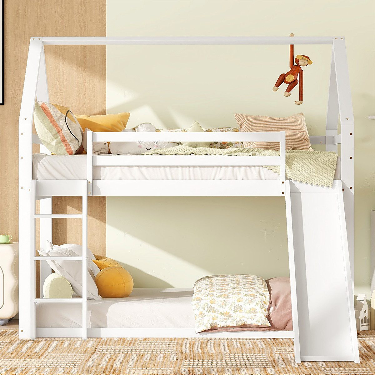 XDeer Hausbett Hausbett mit Rutsche und Leiter Kinderbett Einzelbett, Etagenbett 90x200cm Weiß