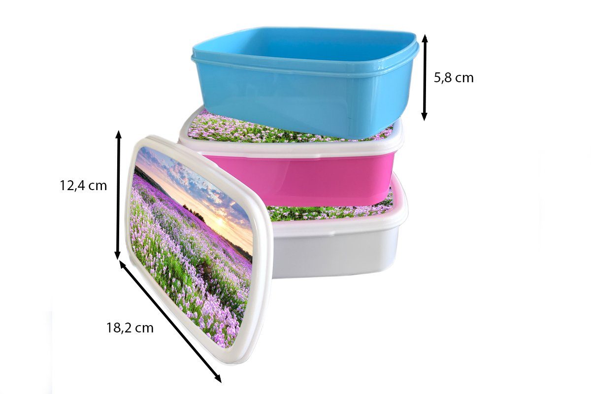 und weiß Sonnenuntergang - Lavendel Lunchbox - und Himmel Jungs Mädchen MuchoWow Natur, - Kunststoff, für - (2-tlg), Kinder - Wiese - Brotbox für Blumen Erwachsene, Lila Brotdose,