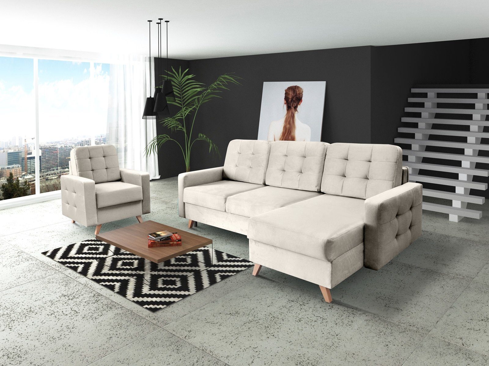 Beautysofa Polsterecke Skandinavisches Set VINCI - Ecksofa, Крісла oder Puff zur Auswahl