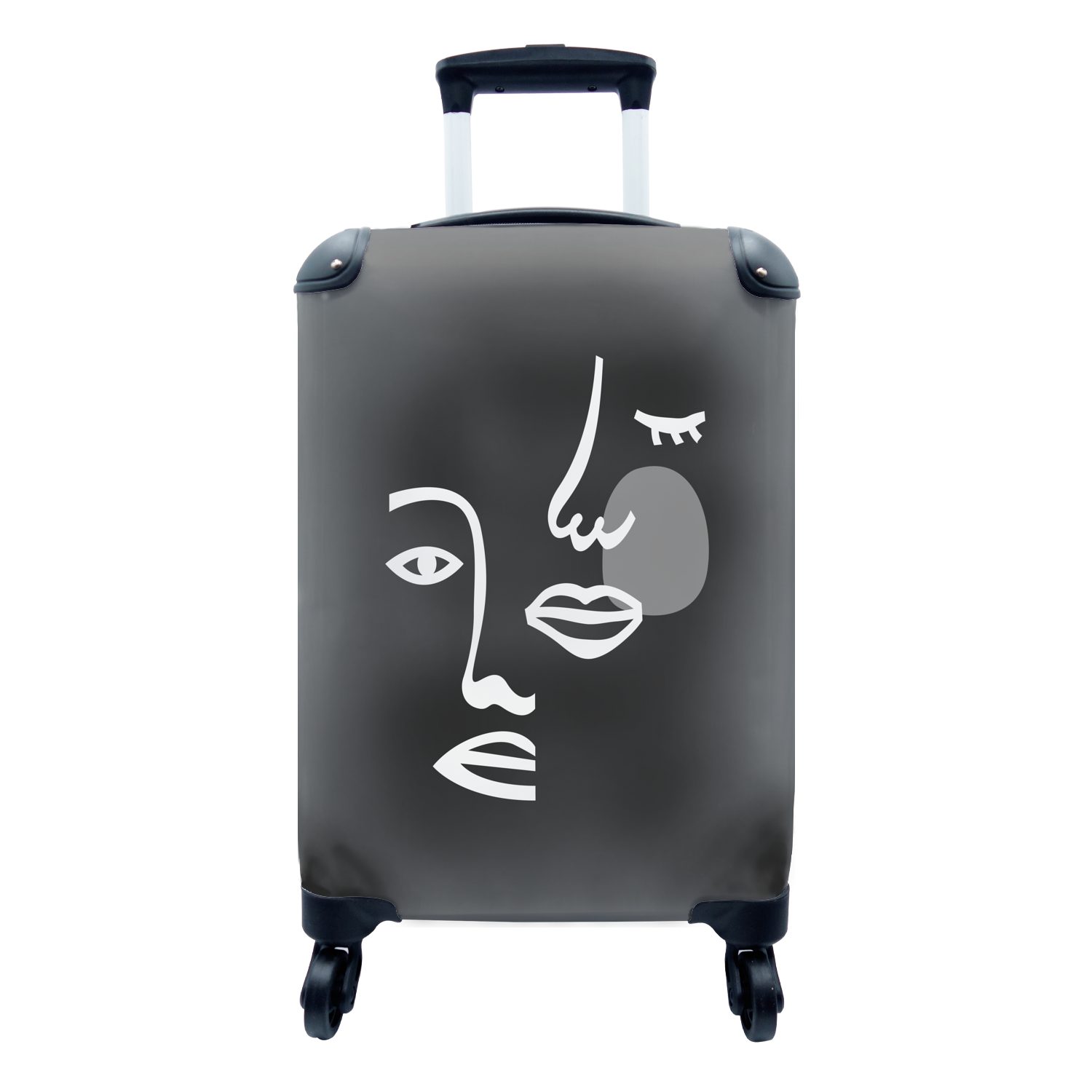 MuchoWow Handgepäckkoffer Illustration - Gesicht - Schwarz - Weiß, 4 Rollen, Reisetasche mit rollen, Handgepäck für Ferien, Trolley, Reisekoffer