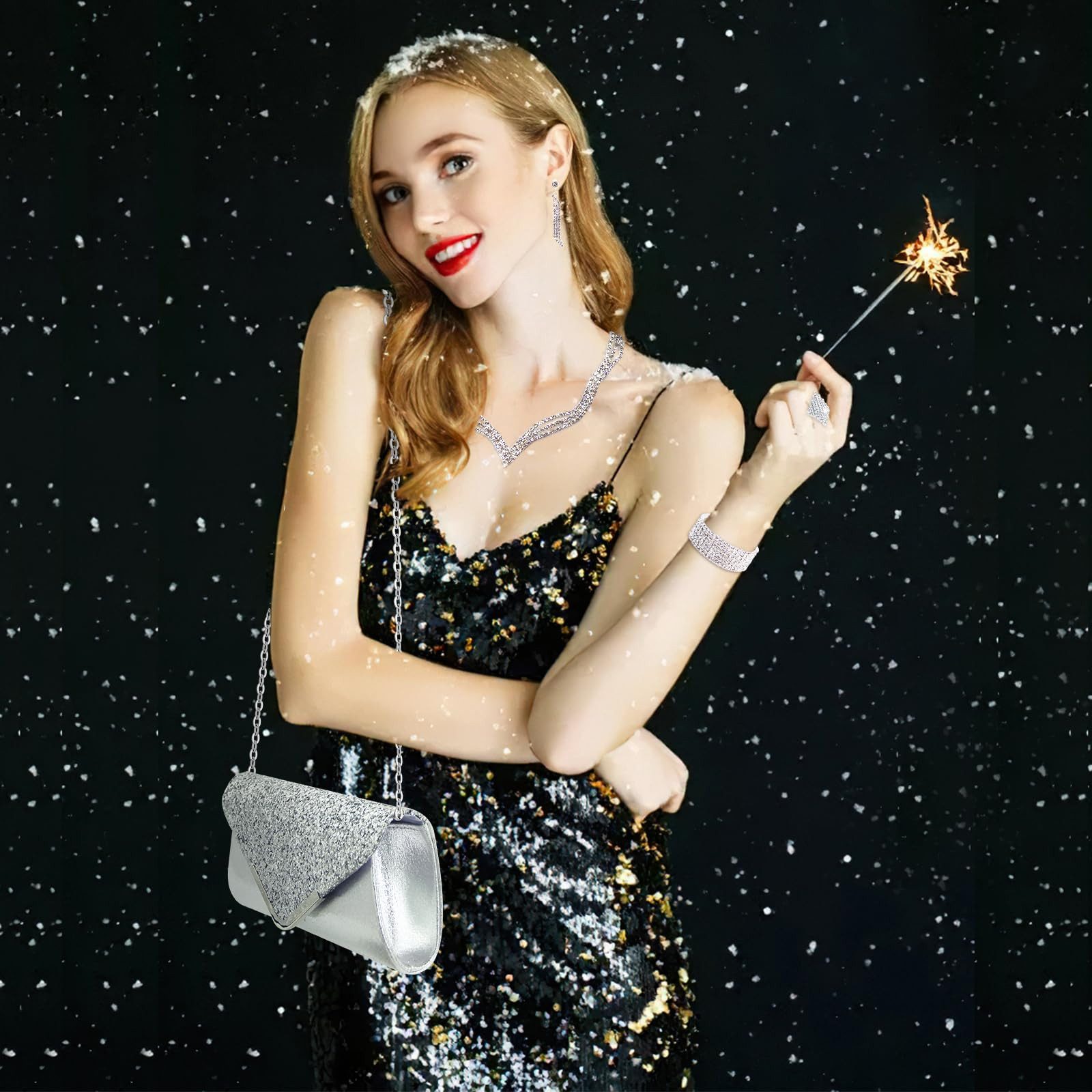 Zaewry Schmuckset 4-teiliges Damen-Schmuckset, silbernes Strass-Schmuckset, geeignet für Braut, Hochzeit, Ball und andere Anlässe – Bild 4 von 5