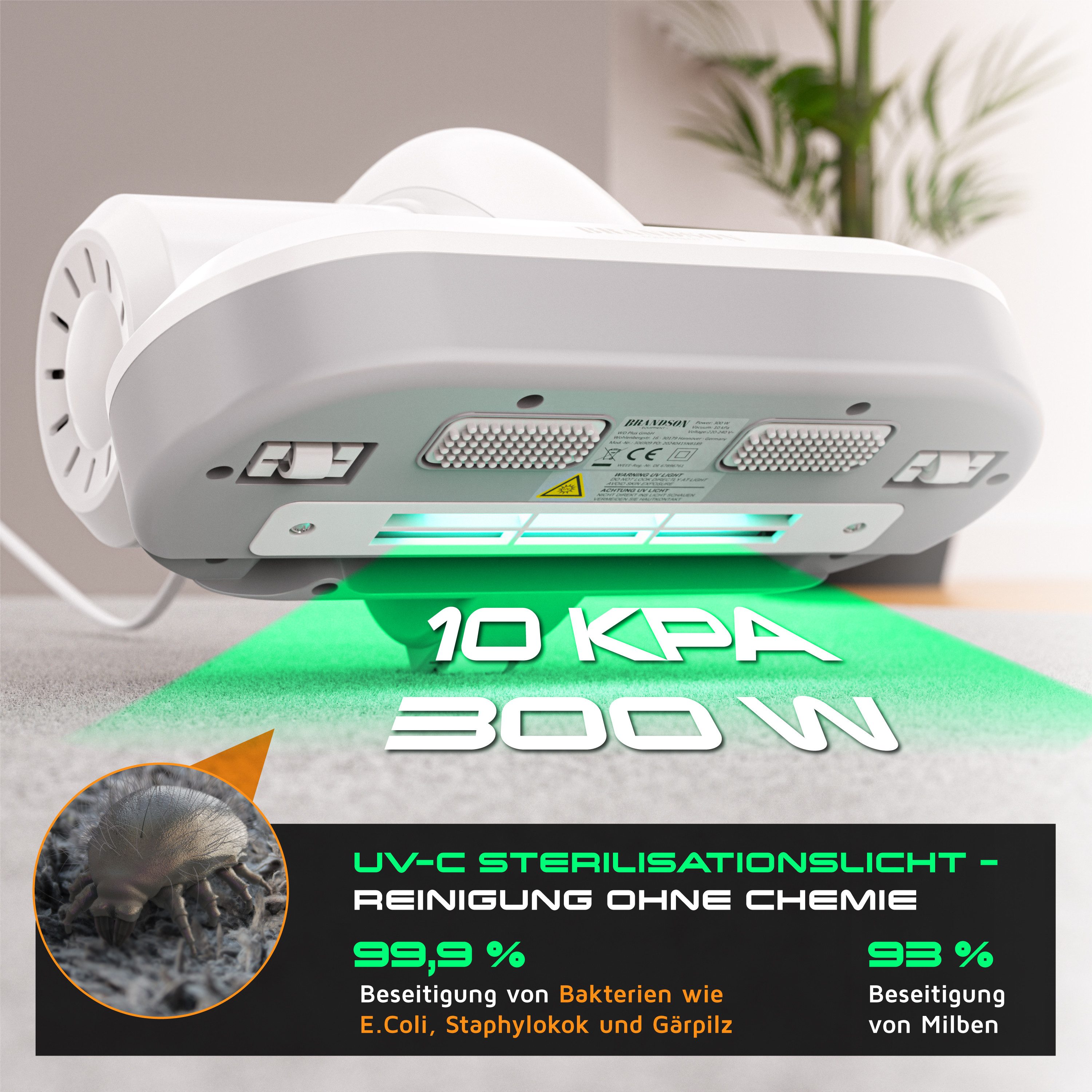 Brandson Matratzenreinigungsgerät Milbenstaubsauger, UV-C Licht, 300 W, beutellos, HEPA Filter, für Betten, Polstermöbel, ideal für Allergiker