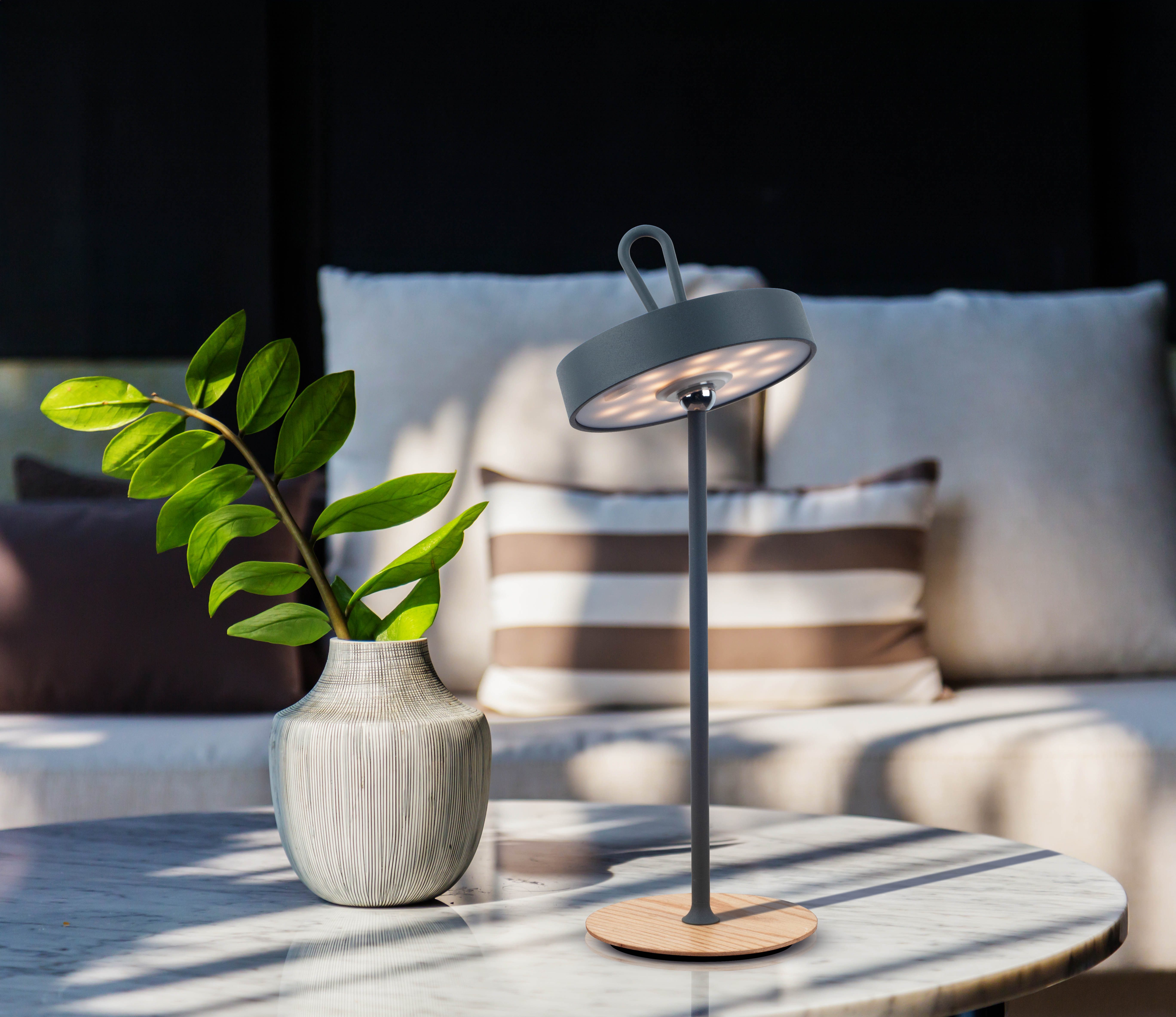 OTTO home LED Tischleuchte Ellvra mit Holzfuß, abnehmbares Kopfteil als Hängeleuchte verwendbar, Dimmfunktion, LED fest integriert, Warmweiß, aufladbar, inkl Akku + USB Kabel, Kopfteil magnetisch, abnehmbar, Holz