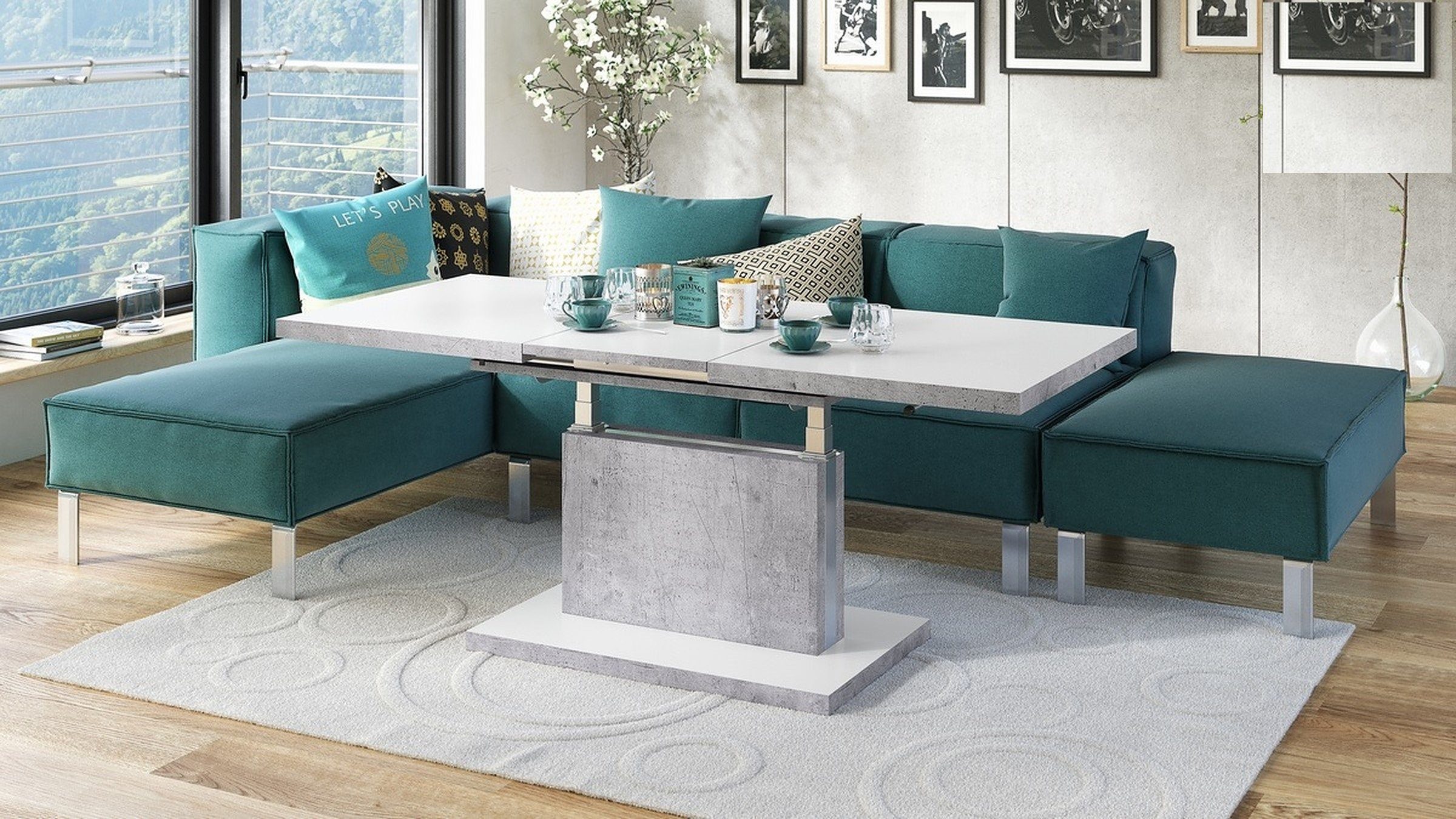 Mazzoni Couchtisch Aston Weiß Matt / Beton stufenlos höhenverstellbar ausziehbar 120-200