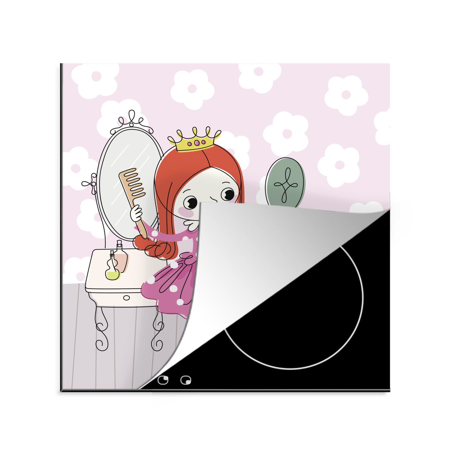 MuchoWow Herdblende-/Abdeckplatte Kindheitsillustration einer Prinzessin, die ihr Haar kämmt, Vinyl, (1 tlg), 78x78 cm, Ceranfeldabdeckung, Arbeitsplatte für küche