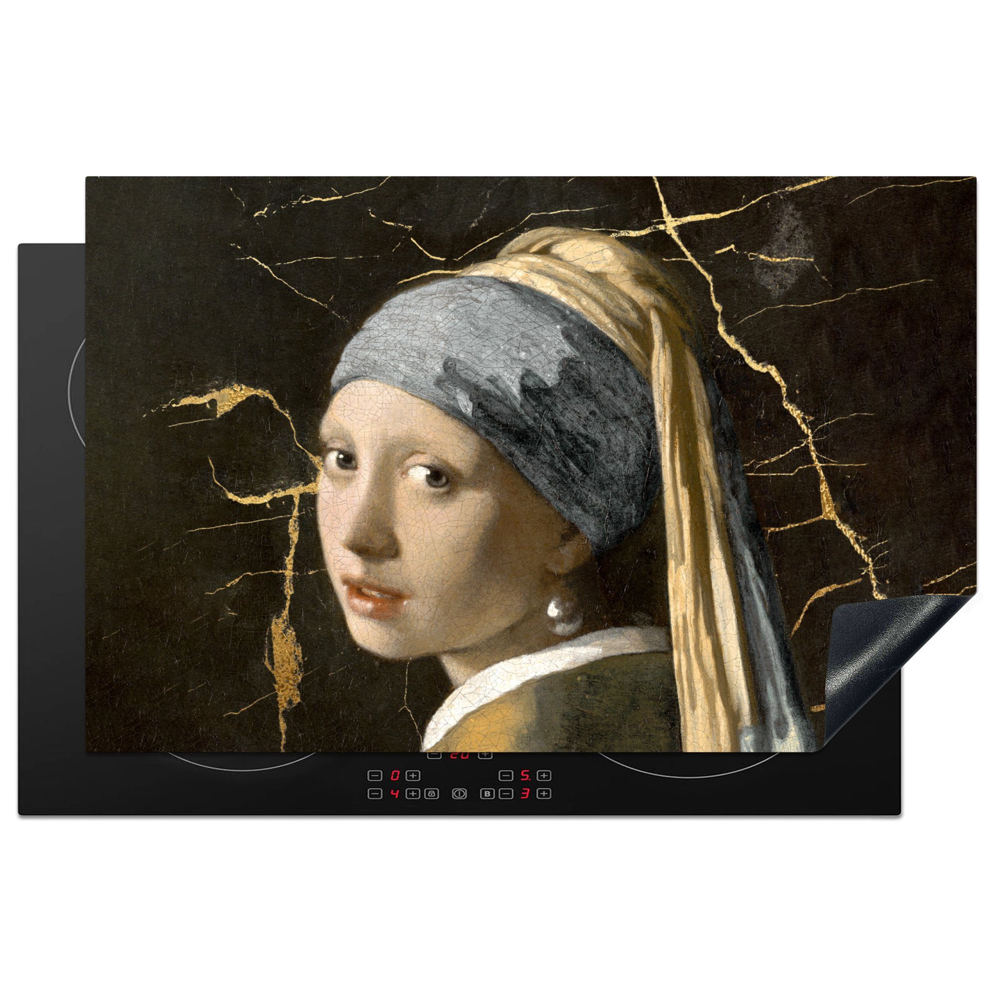 MuchoWow Herdblende-/Abdeckplatte Mädchen mit Perlenohrring - Vermeer - Marmor, Vinyl, (1 tlg), 81x52 cm, Induktionskochfeld Schutz für die küche, Ceranfeldabdeckung