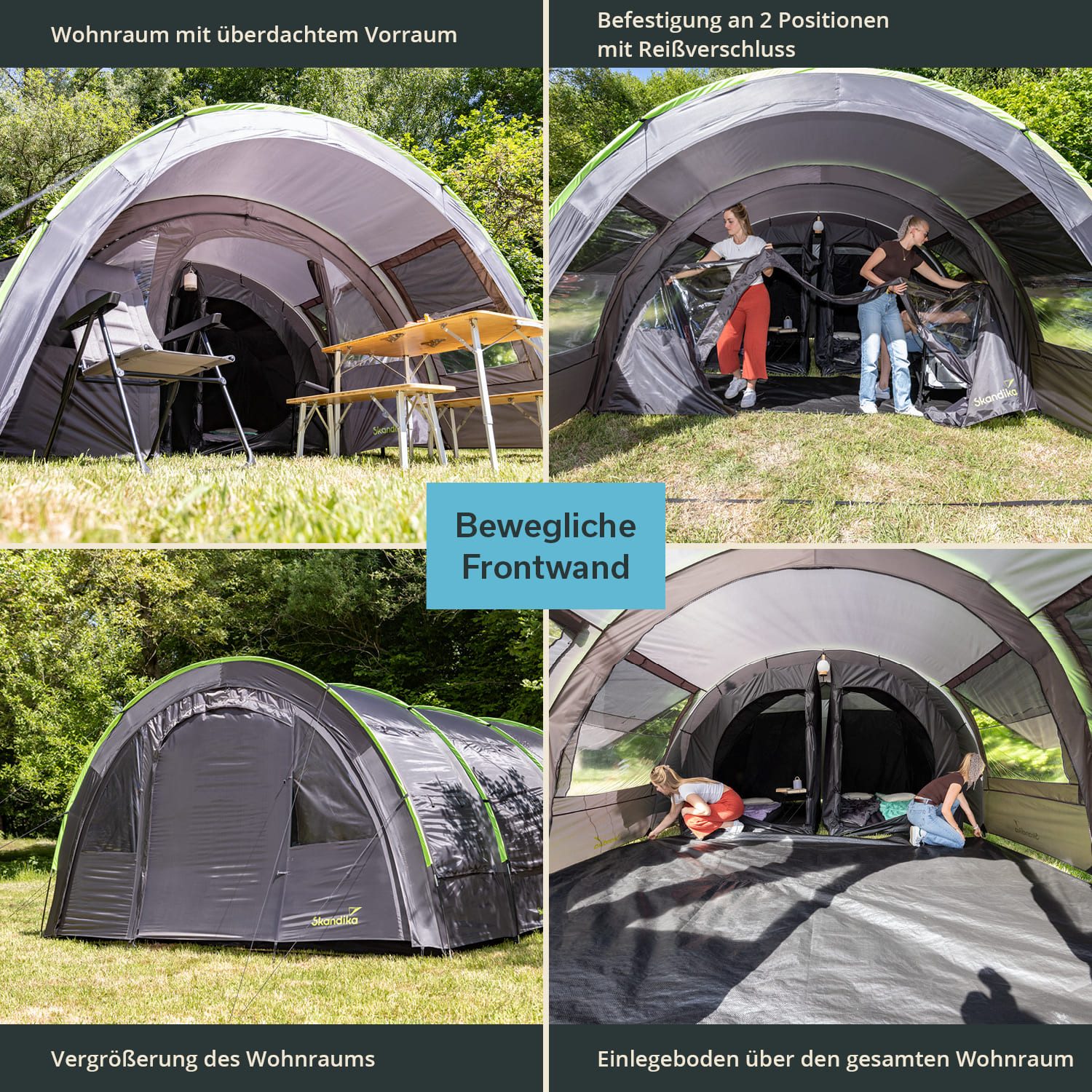 Skandika Tunnelzelt Kemi 4 Campingzelt mit 2 dunklen Schlafkabinen, Personen: 4, bewegliche Frontwand, wasserdicht, 2 m Stehhöhe, Vorzelt, Familienzelt