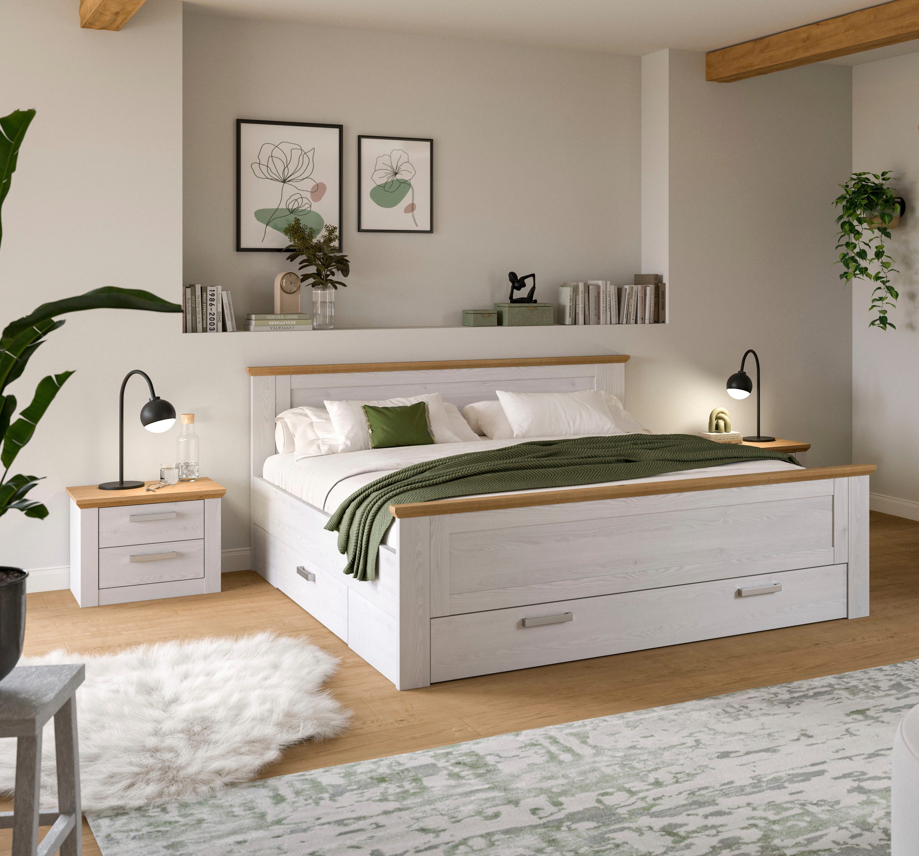 Home affaire Schlafzimmer-Set COSENZA, 3-teilig, Stauraumbett & 2x Nachttisch, (3-tlg., Matratzengröße 180x200 cm, viel Stauraum, ohne Lattenrost & Matratze), Schlafzimmer, Schlafen, Set, Kombination, Bettanlage