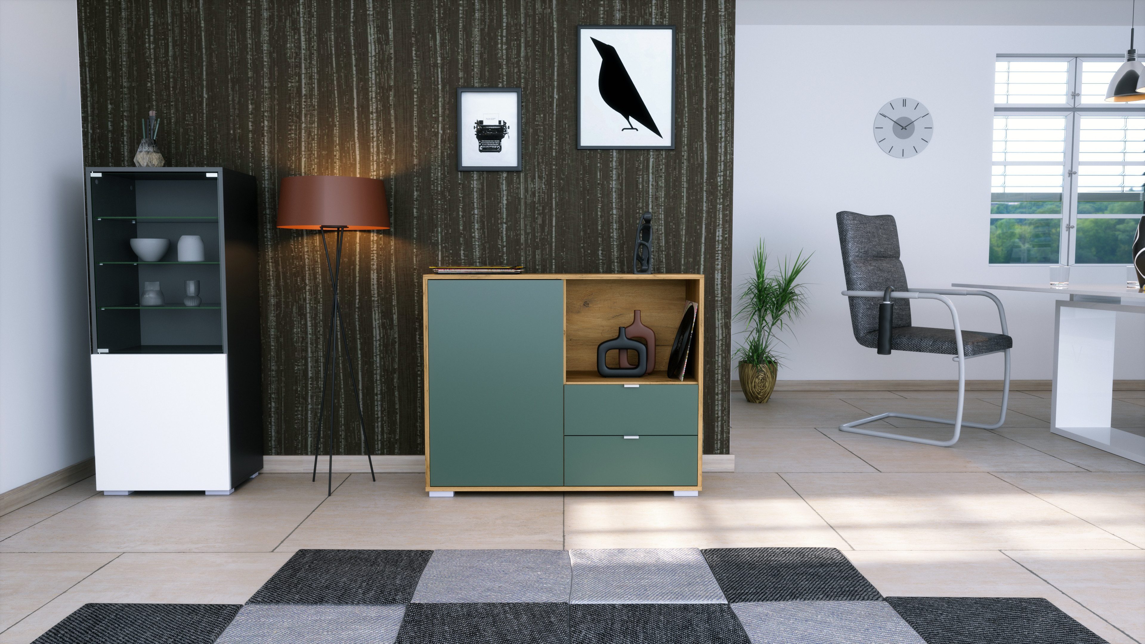 Vladon Kommode Milano (Kommode mit 1 Tür Eiche Evoke, 2 Schubladen Fjord Grün, Made in Germany), Korpus Eiche Evoke (103 x 83 x 37 cm)