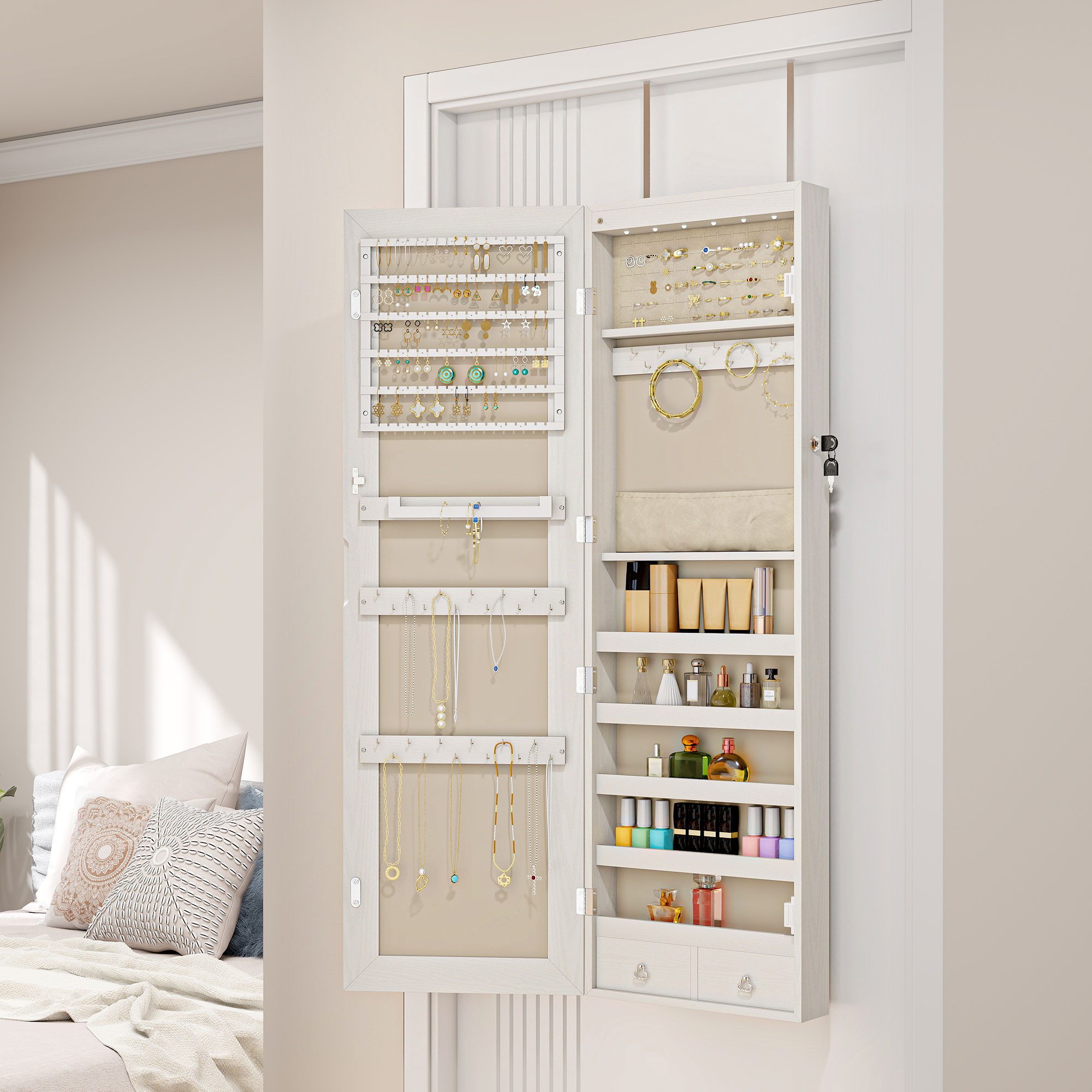 HOMCOM Schmuckschrank Wandschrank zur Wandmontage (Set, 1-St., Spiegelschrank mit LED) Abschließbar, LED-Innenbeleuchtung