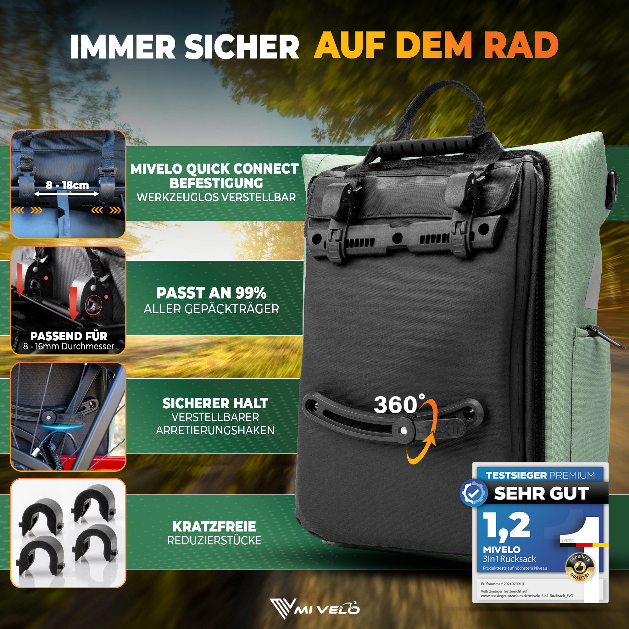MIVELO Fahrradtasche 3in1 Gepäckträgertasche mit Rucksackfunktion Schultergurt wasserdicht, geräumiges Hauptfach, Außentaschen, Laptopfach – Bild 5 von 5