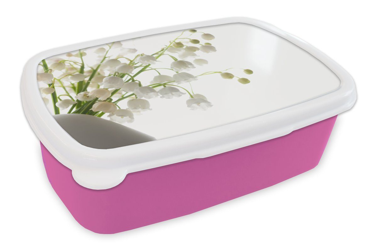 MuchoWow Lunchbox Maiglöckchen in einem weißen Blumentopf, Kunststoff, (2-tlg), Brotbox für Erwachsene, Brotdose Kinder, Snackbox, Mädchen, Kunststoff rosa