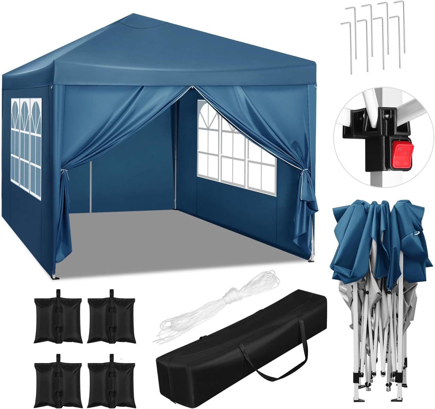 Woltu Pavillon, mit 4 Seitenteilen, Faltpavillon 3x3m, mit 4 Seitenteilen und 4 Sandsäcke
