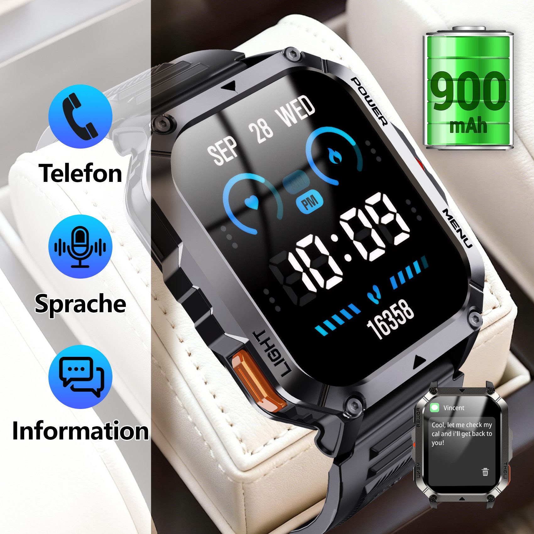 IOWODO Robuste Herren-Smartwatch, Bluetooth-Anrufe, 20-Tage-Akku, Outdoor-Pro Smartwatch Set, mit Wechselband aus weichemSilikon und Ladekabel, 900 mAh,Kompass & Taschenlampe,SOS,App-Fitnesskurse,Schrittzähler,IP68