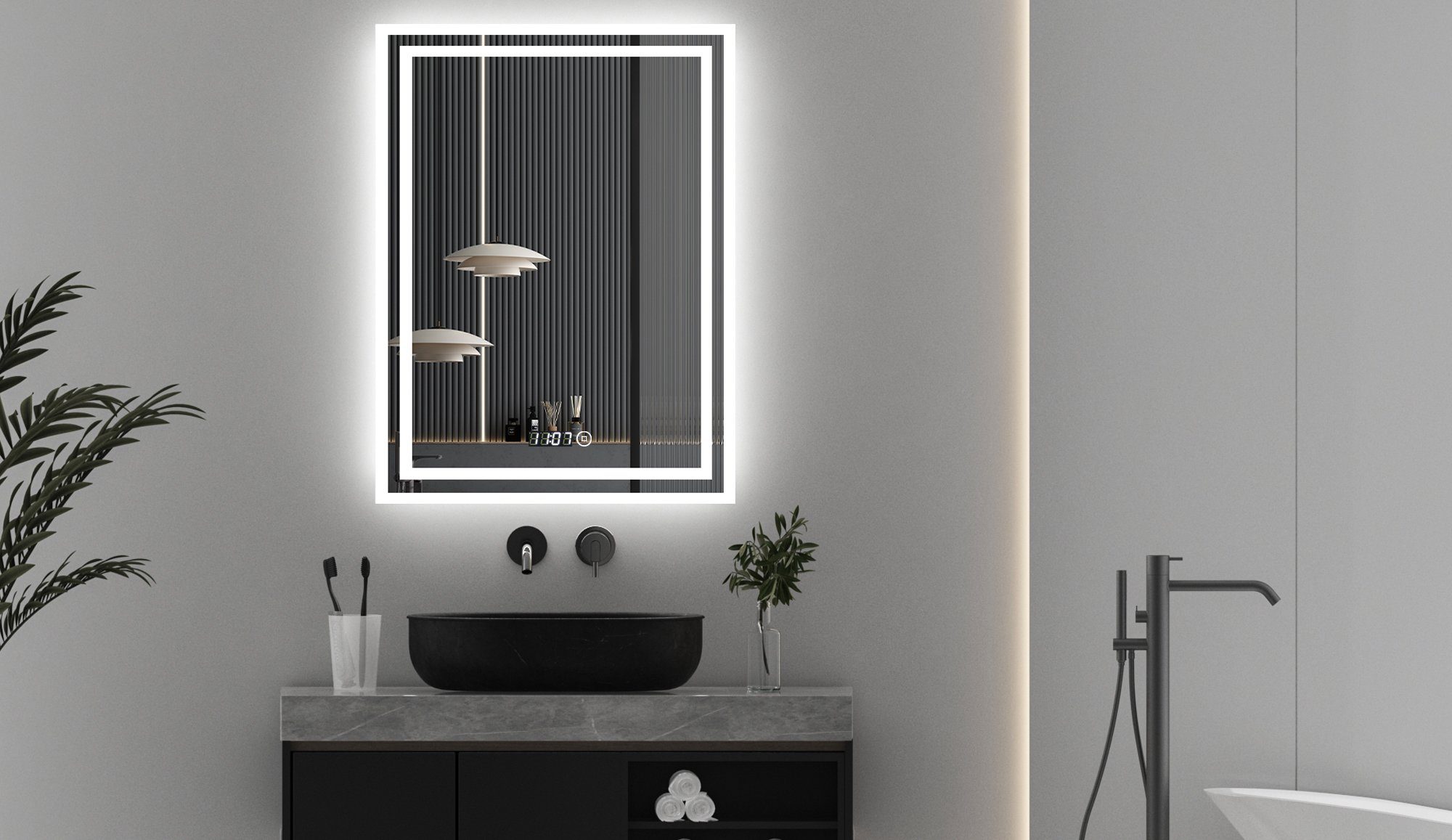 WDWRITTI Spiegel Badspiegel Led 50x70 mit Uhr Wandspiegel mit beleuchtung 3Lichtfarben (LED Spiegel Lichtspiegel, mit Touch, Wandschalter, Dimmbar, Speicherfunktion), Energiesparend, IP44
