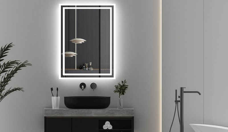 WDWRITTI Дзеркало Дзеркало для ванної кімнати Led 50x70 mit Uhr Настінне дзеркало mit beleuchtung 3Lichtfarben (LED Дзеркало Lichtspiegel, mit Touch, Wandschalter, Dimmbar, Speicherfunktion), Energiesparend, IP44