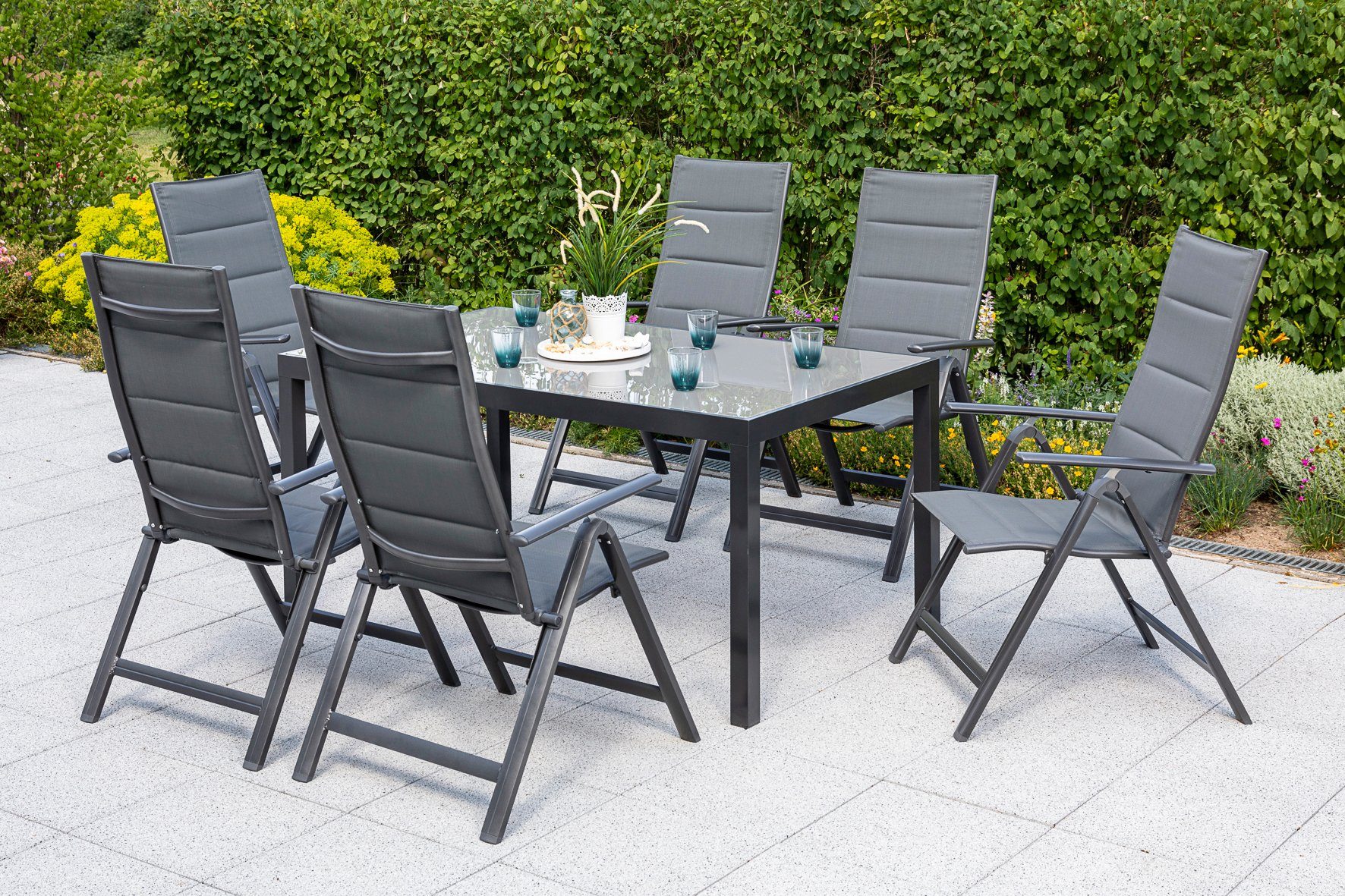 MERXX Garten-Essgruppe Taviano, (Set, 7-tlg), 6 Klappsessel, 5-fach verstellbar, Tisch