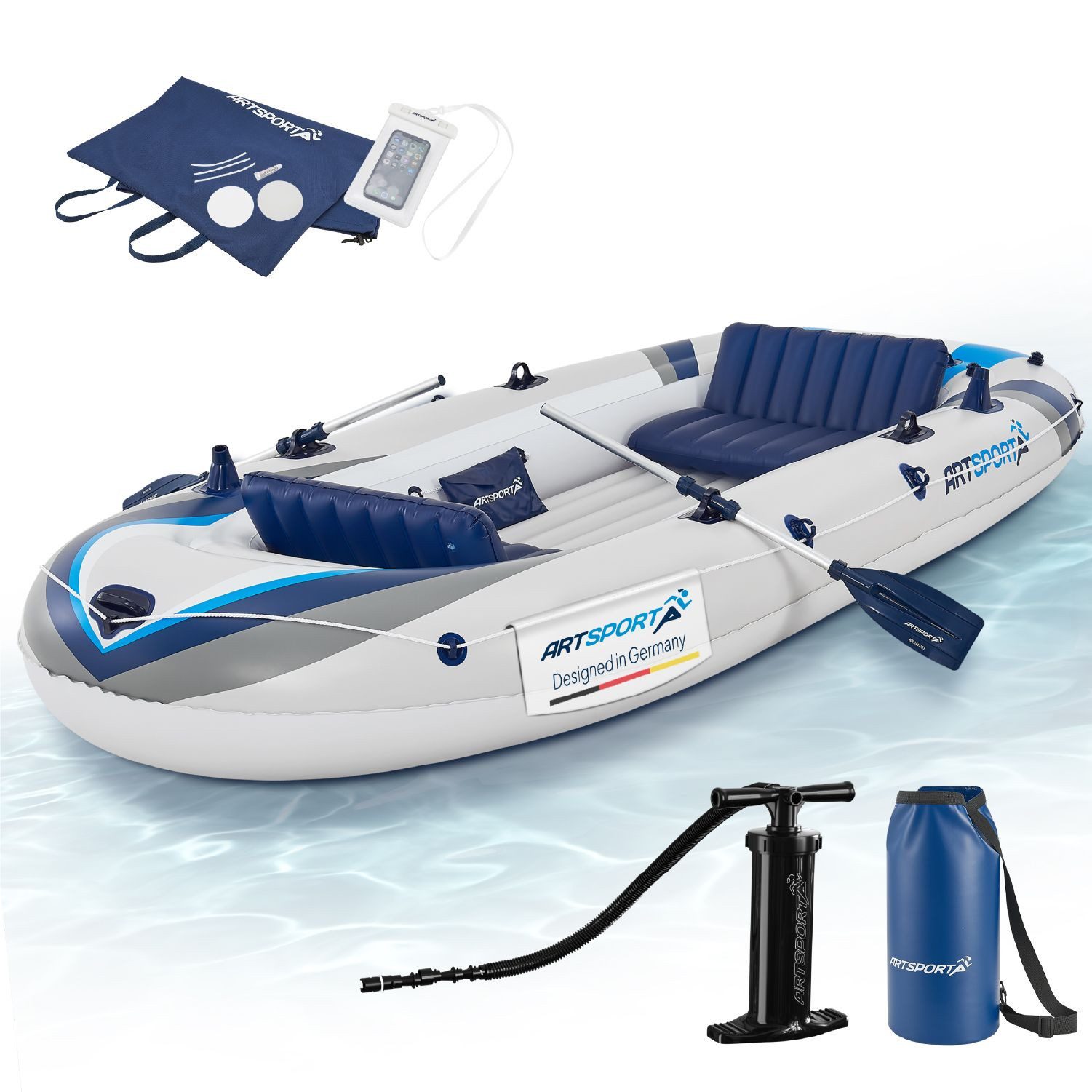 ArtSport Schlauchboot, bis 4 Personen - inkl. Luftpumpe, Paddel und mehr