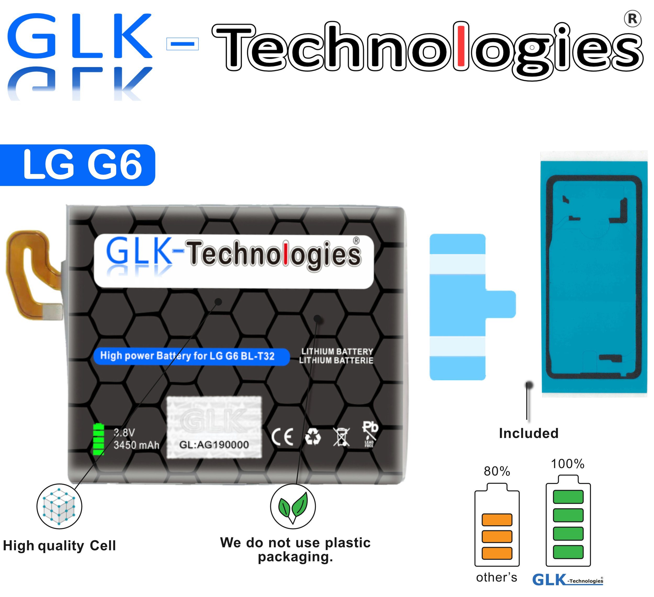 GLK-Technologies High Power Ersatzakku kompatibel mit LG G6 G6+ H870 H871 H872 LS993 VS998, GLK-Technologies Battery, accu, 3450 mAh Akku, Ohne Set Smartphone-Akku 3450 mAh