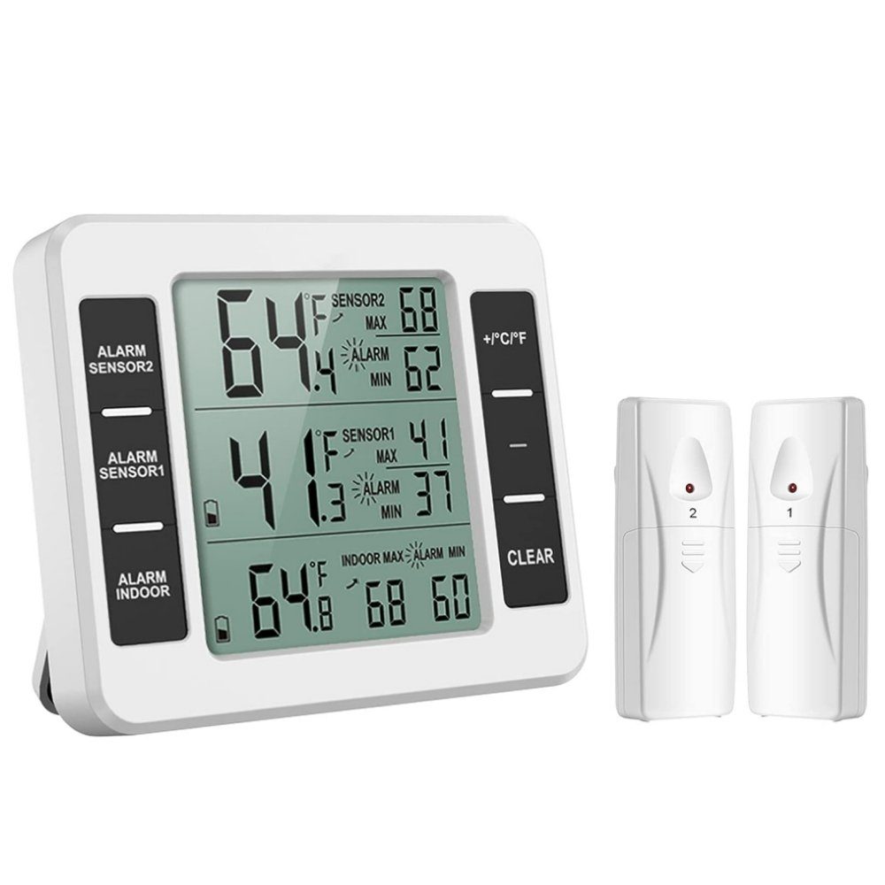 BlingBin Kühlschrankthermometer Funkuhr Wetterstation Digital Thermometer Hygrometer mit Außensensor, Packung 3-tlg.