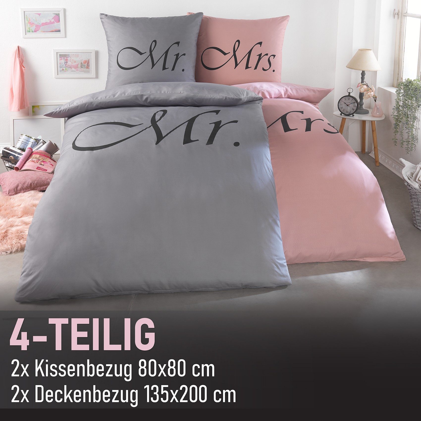 Kuscheli Partnerbettwäsche 2x 135x200 + 2x 80x80 cm atmungsaktiver Bettbezu günstig online kaufen