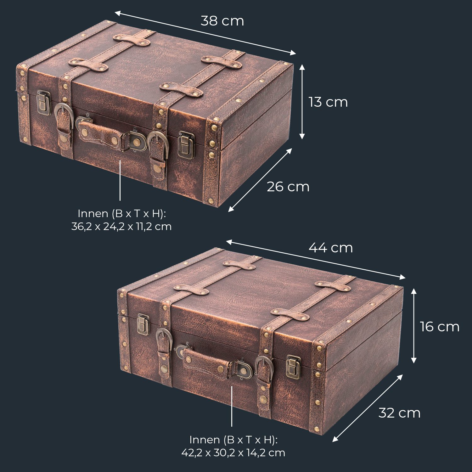 HMF Aufbewahrungsbox Vintage Koffer Holz, Aufbewahrungsbox mit Deckel und Ledergriff als (2er Set), Geschenkidee für Hochzeit oder Geburtstag, Klassik, 38 + 44  – Bild 5 von 5